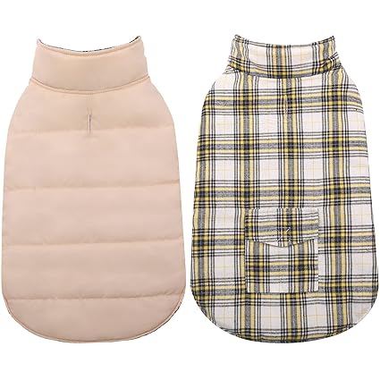 Kuoser Dog Winter Coat, British Style Plaid Pet Jacket, Reversible Dog Apparel for Cold Weather, Puppy Warm Clothing Cozy Outdoor Dog Vest with Pocket, Waterproof Sweater for Small Medium Large Dogs
