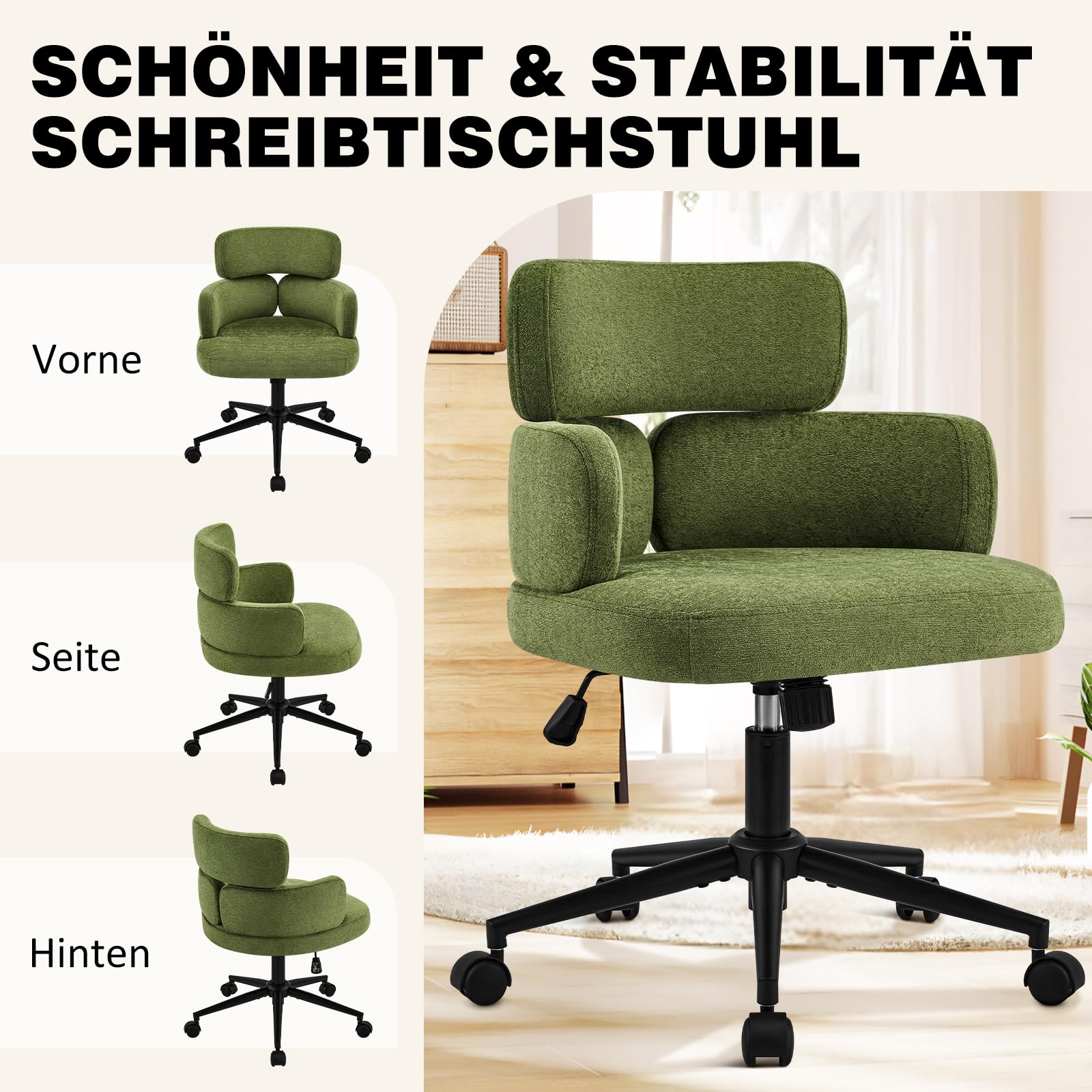 Hellove Schneidersitz Bürostuhl, Grün Höhenverstellbarer Drehstuhl Schminktisch für Homeoffice, ergonomischer Schreibtischstuhl mit festen Armlehnen und Rollen, gepolsterter Polsterstuhl 56 cm