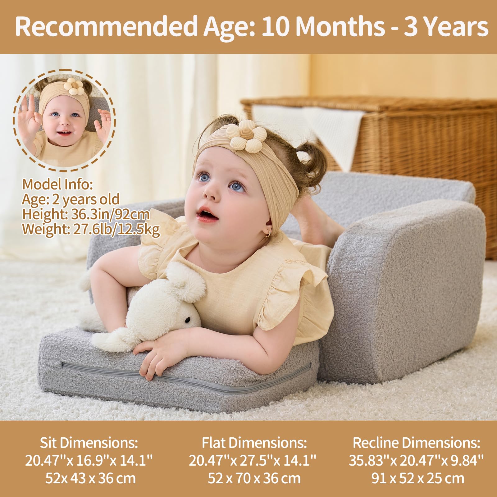 3-in-1 Toddler Couch, Toddler Chairs Comfy 1-3 Years Old, Kids Couch Bed Fold Out, Gifts for 1 2 Year Old Girls Boys 6