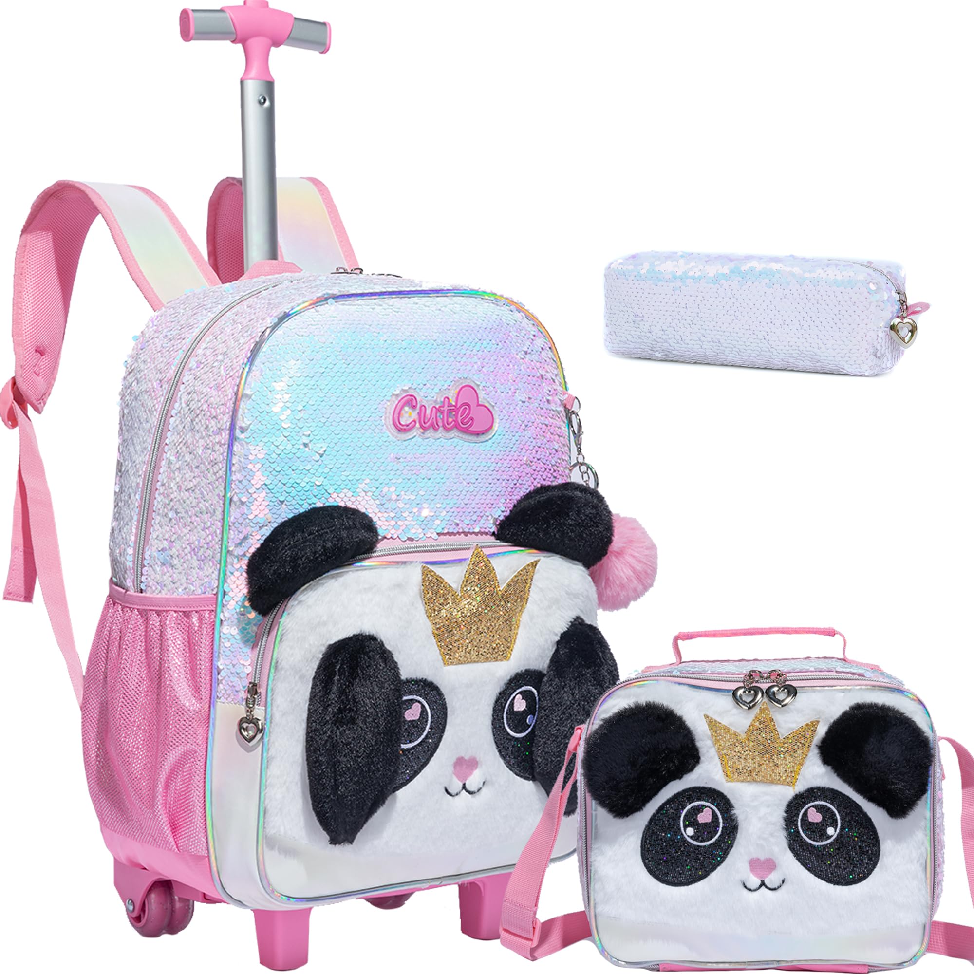 Meetbelify Rolling Backpack for Girls Backpacks with Wheels for Elementary School Students Kids 3 in 1 Travel Luggage Suitcase with Lunch Box Pencil Case for Girls Age 8-10 Cute Panda