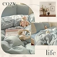 Vista 4 de VM VOUGEMARKET Funda de edredón de encaje tamaño individual, funda de edredón a cuadros azules con 2 fundas de almohada románticas de encaje, suave