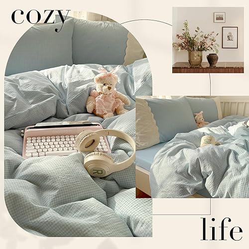 Miniatura 4 de VM VOUGEMARKET Funda de edredón de encaje tamaño individual, funda de edredón a cuadros azules con 2 fundas de almohada románticas de encaje, suave