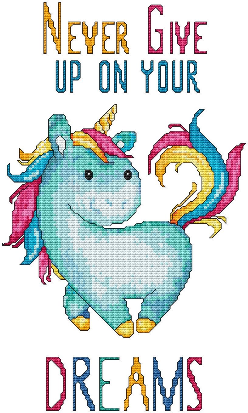 Never Give Up on Your Dreams Unicorn Cross Stitch Pattern (Not a Kit) Stitching Tips/Fabric Planning Guide included.