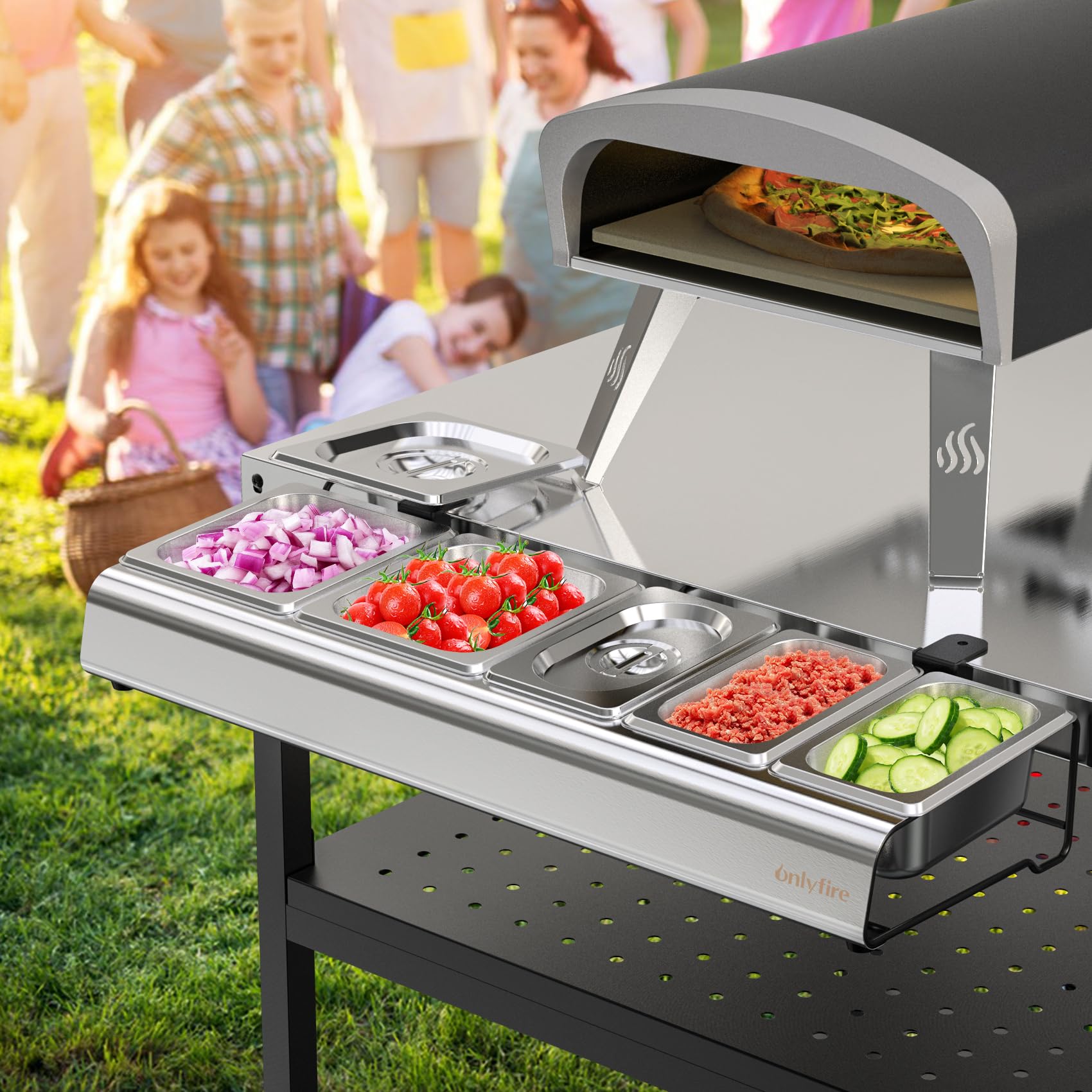 onlyfire Portacondimenti Aggiornata in Acciaio Inossidabile con Coperchio e Morsetti a C per Carrello e Tavolino per Barbecue, Porta Ingredienti Pizza per Preparare Ingredienti, Contenitori per Cibi