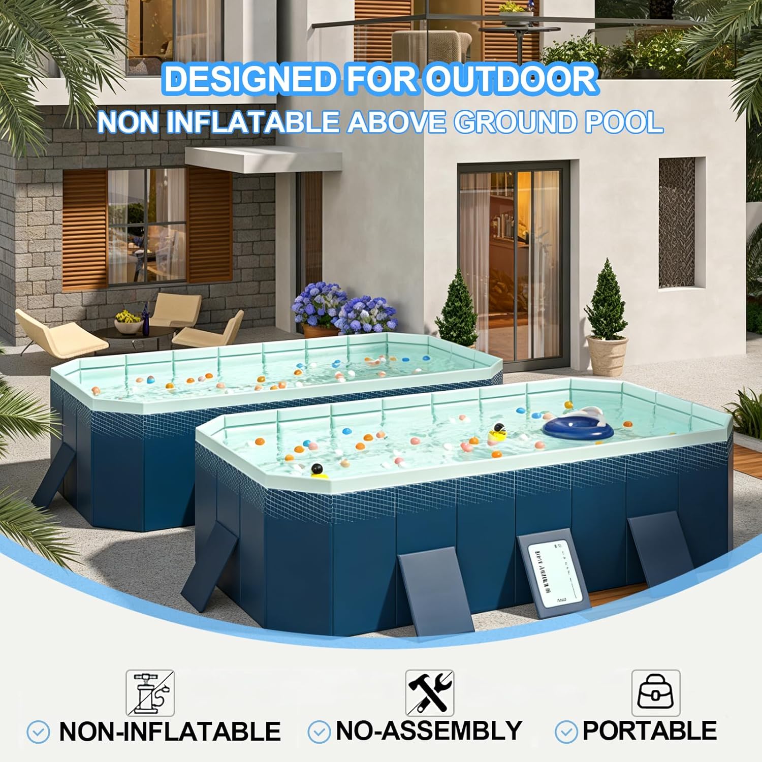 Foldable Non-Inflatable Swimming Pool, Portable Above Ground Pool with Rigid Composite Board, Seconds Setup, Puncture Proof, Quick Double Drain Pool for Family,Backyard& Camping，76" × 53" × 17"