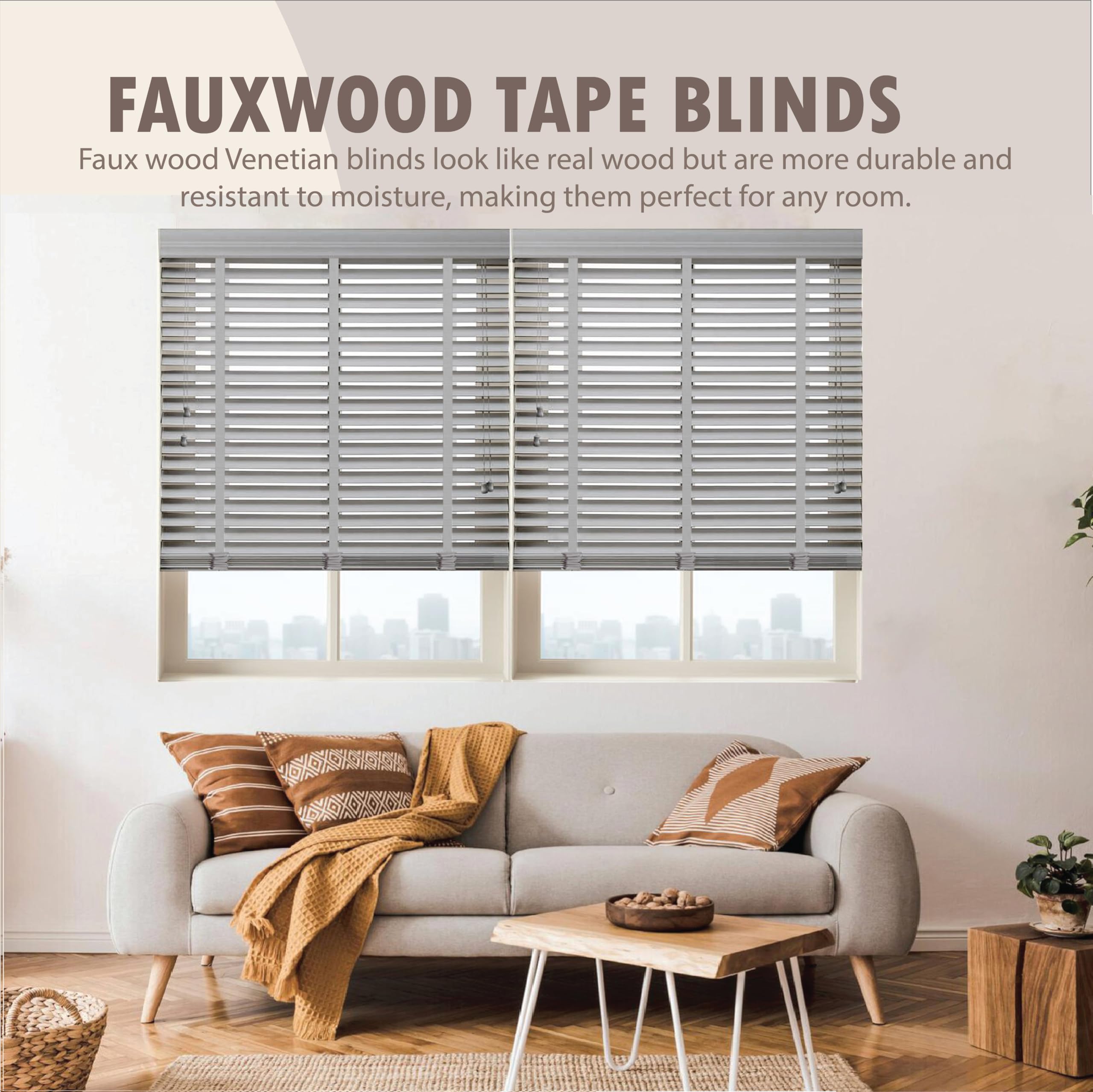 Home In Style 4U Faux Wood Blinds Window Venetian Blinds Easy Fit Child Safe Trimmable Wooden Tape Blinds-50mm Slats with Aluminium Headrail Grey - Image 2