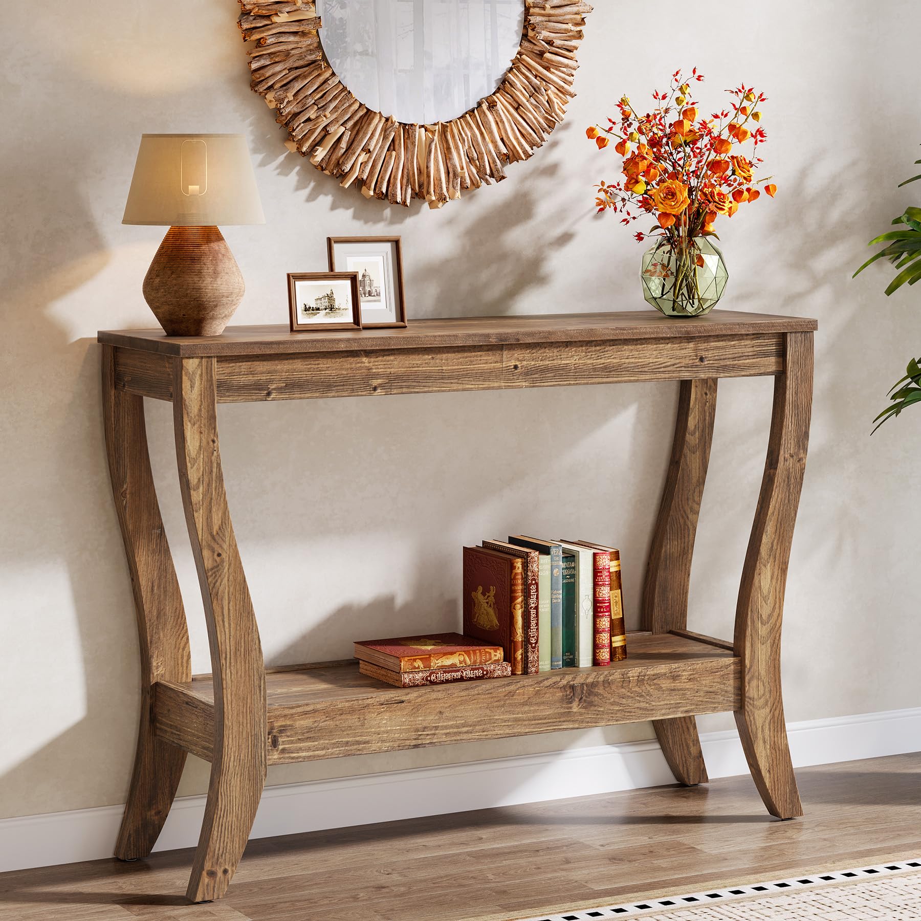 Tavolo consolle in legno massiccio con vano portaoggetti, 105 cm, tavolino da corridoio con ripiano, divano a 2 livelli, in legno, per soggiorno, corridoio, ingresso, marrone