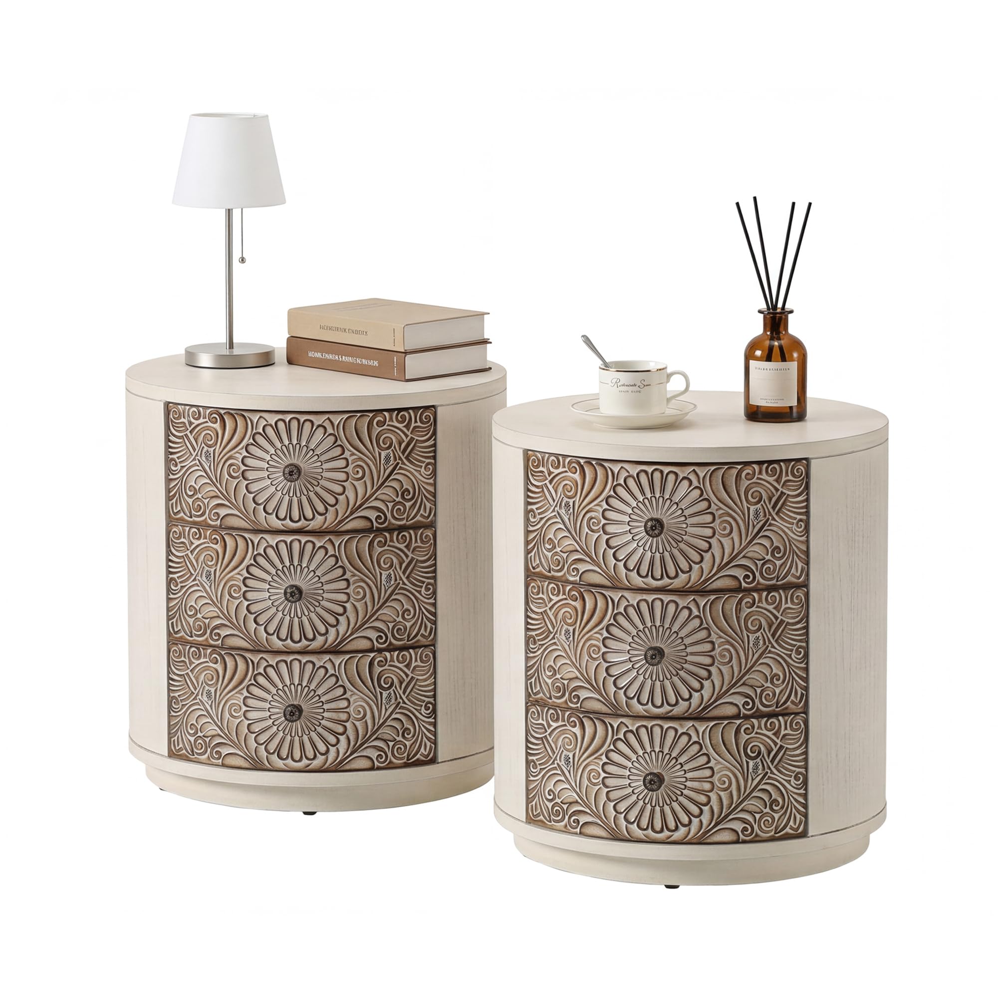 HOMPUS Round End Table Set 2, Fully Assembled Nightstand w 3 Storage Drawers, Farmhouse Wood Dresser Set of 2, Vintage Nightstand Bedside Tables, Aceent End Tables for Bedroom, Rustic White