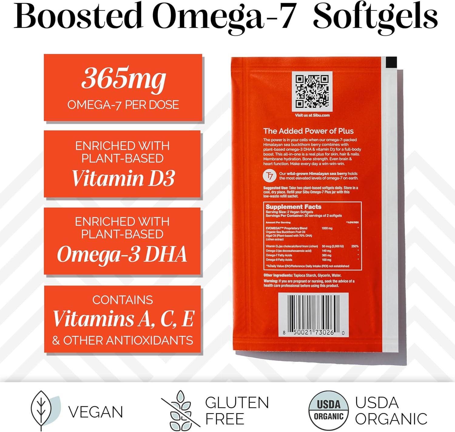 sibu Sea Buckthorn Omega-7 Plus Softgels (30 Day Refill) – Blend of Sea Buckthorn Oil and Plant-Based Vitamin D3 & Omega-3 DHA