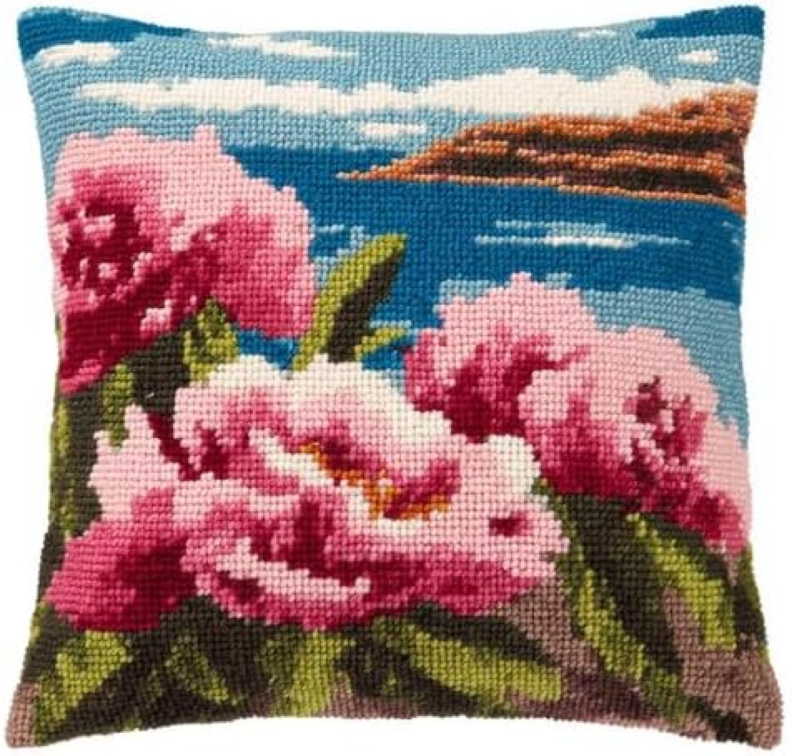 kitphoenix DIY Latch Hook Cushion Kit Peony Flowers and Sea Background,Beginner-Friendly Rug Hooking Pillow Kit,Crochet Craft Cushion Cover for Home Decor,43x43 cm-4