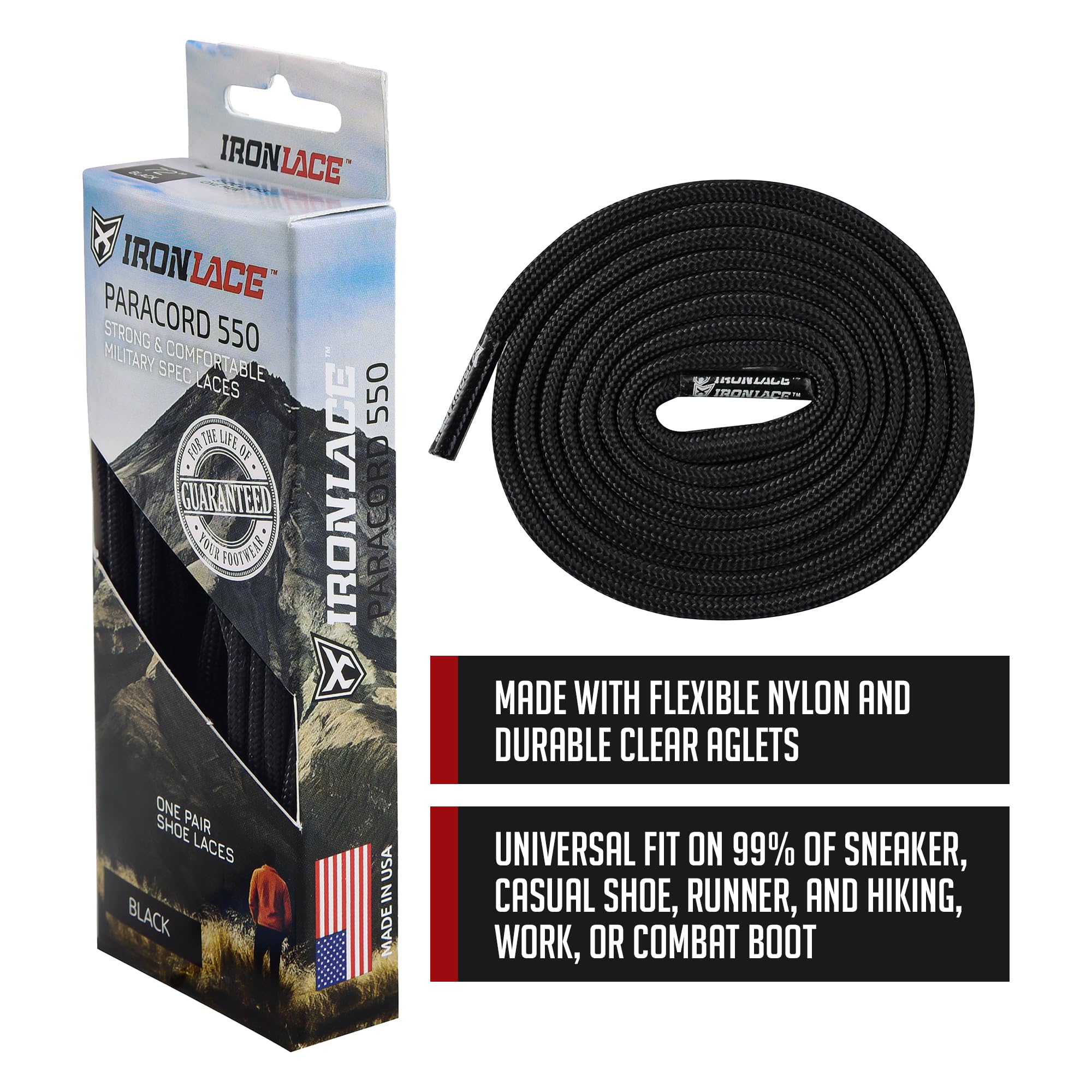 Ironlace Standardowy paracord, Midnight Black, 127 cm