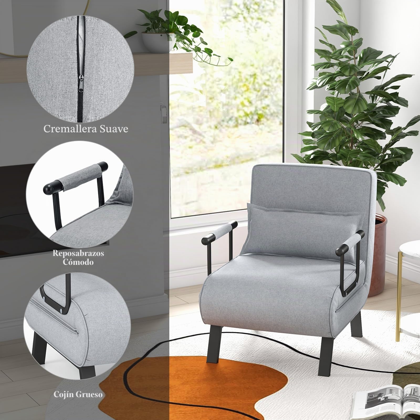 HOMASIS Sofá Cama 4 en 1 con función de Cama, sofá Cama Plegable con reposabrazos, sillón Plegable con Respaldo Ajustable y cojín extraíble, sillón Cama para casa, Oficina, hasta 150kg (Gris Claro)
