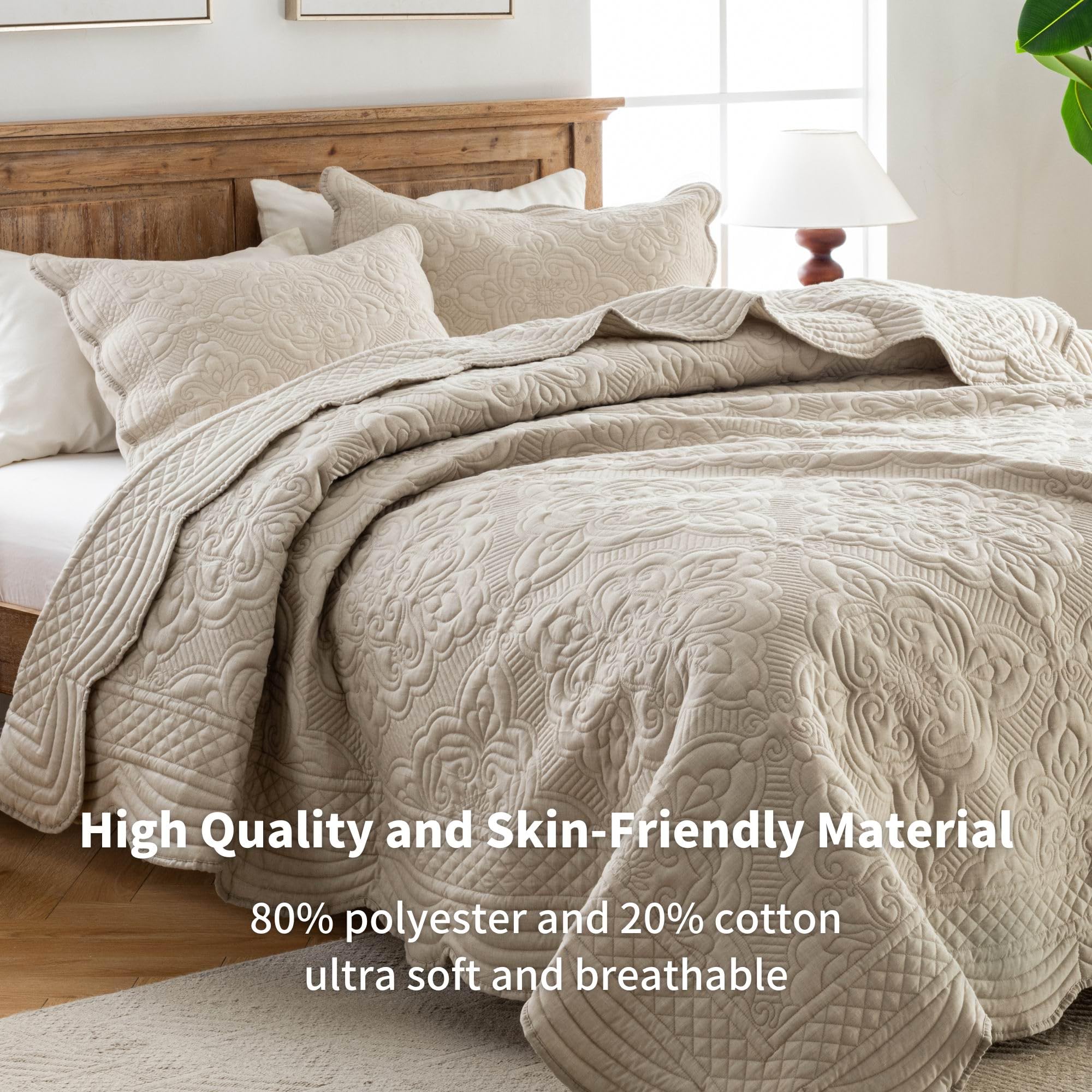 meadow park Embroidered Quilt Set Queen Size - 3 Pieces, Washed Cotton Blend Lightweight Bedspreads with Scallop Edges, Reversible Coverlets Bed Cover All Season Quilts-Khaki