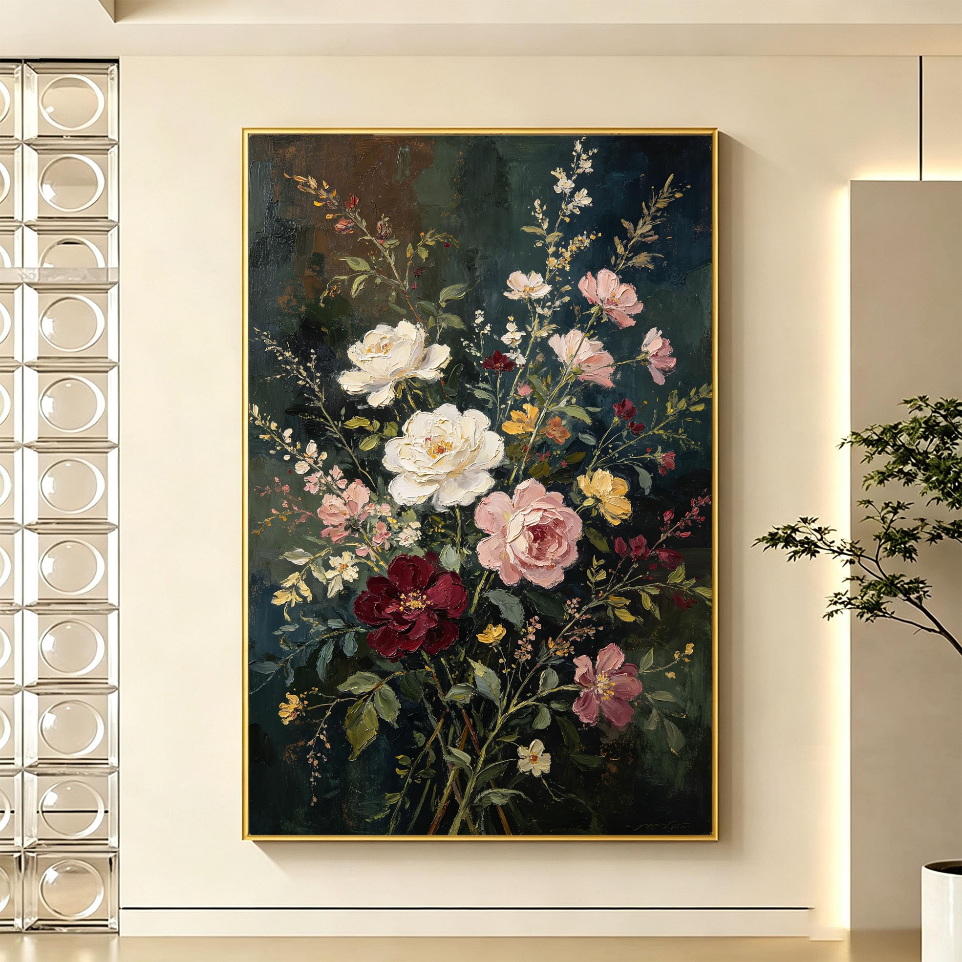 Modernes, 100% Handgemaltes Ölgemälde Mit Dunklen Blumen Auf Leinwand, Rahmenloses Abstraktes Blumenmotiv Für Wohnzimmer Und Heimdekoration, 120 X 200 Cm (47,2 X 78,7 Zoll)