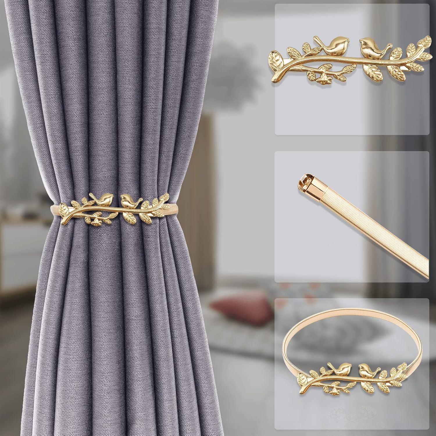 4Pack Aluminum Alloy Spring Design Curtain Tiebacks - Leaf Carving Design Curtain Ties for Drapes - Modern Style Gold Bird Holdbacks