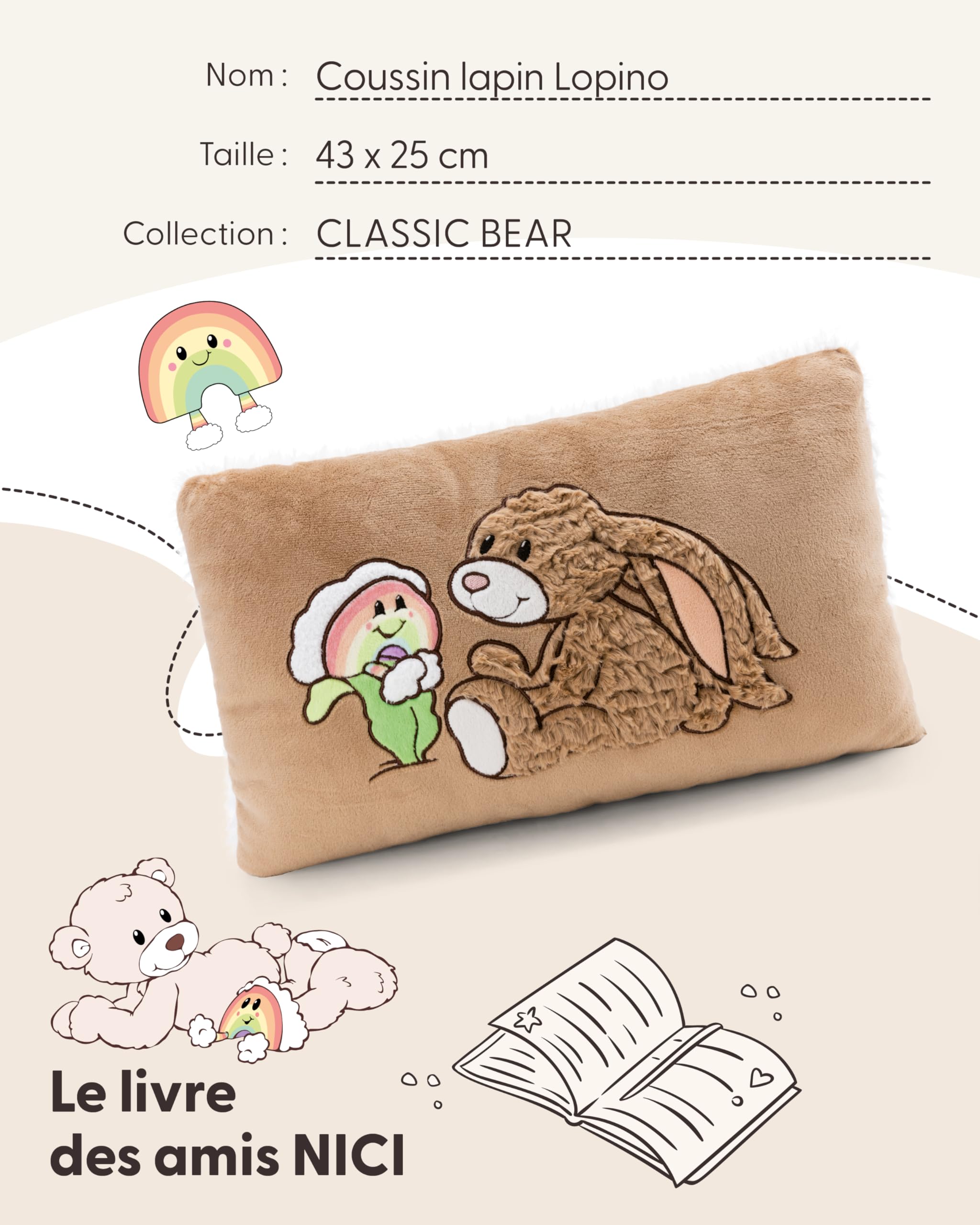 NICI OSRAM 62335 Coussin Motif « Lapino, Le Lapin », 43 x 25 cm, Marron, Moelleux, pour Garçons, Filles, Bébés Et Amateurs De Doudous, Idéal pour La Maison, La Maternelle Ou Les Déplacements