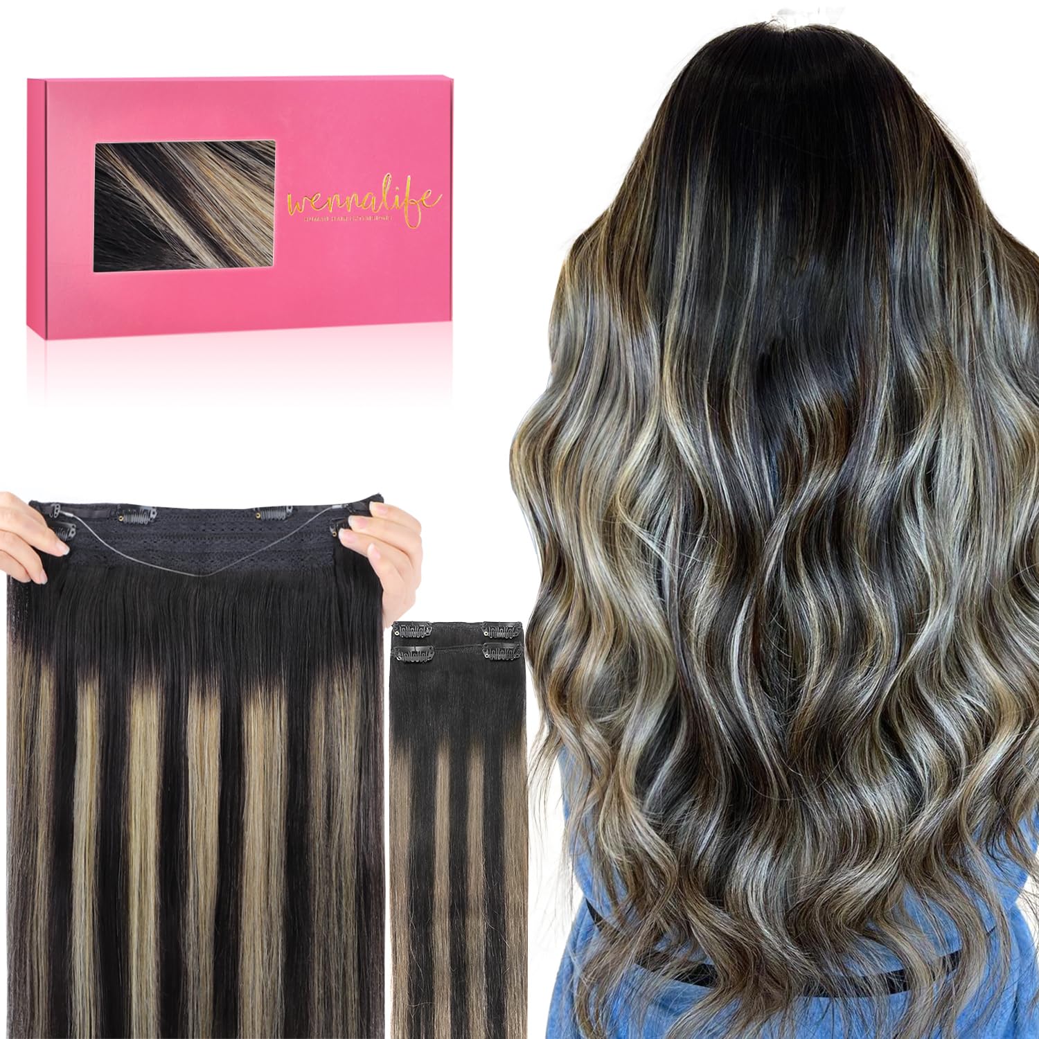 WENNALIFE Wire Hair Extensions (Increase 50% Lifespan) Real Human Hair 14 inch 75g Balayage Dark Brown to Chestnut Remy Invisible Transparent Fish Line — view 21