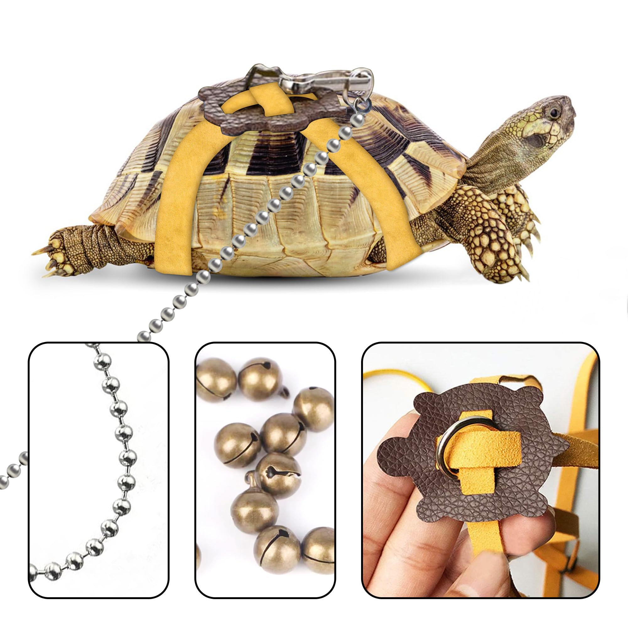 HOKABLE Pet Tortoise Leather Harness & Leash - Small Tortoise Supplies, Adjustable Control (M, Yellow)