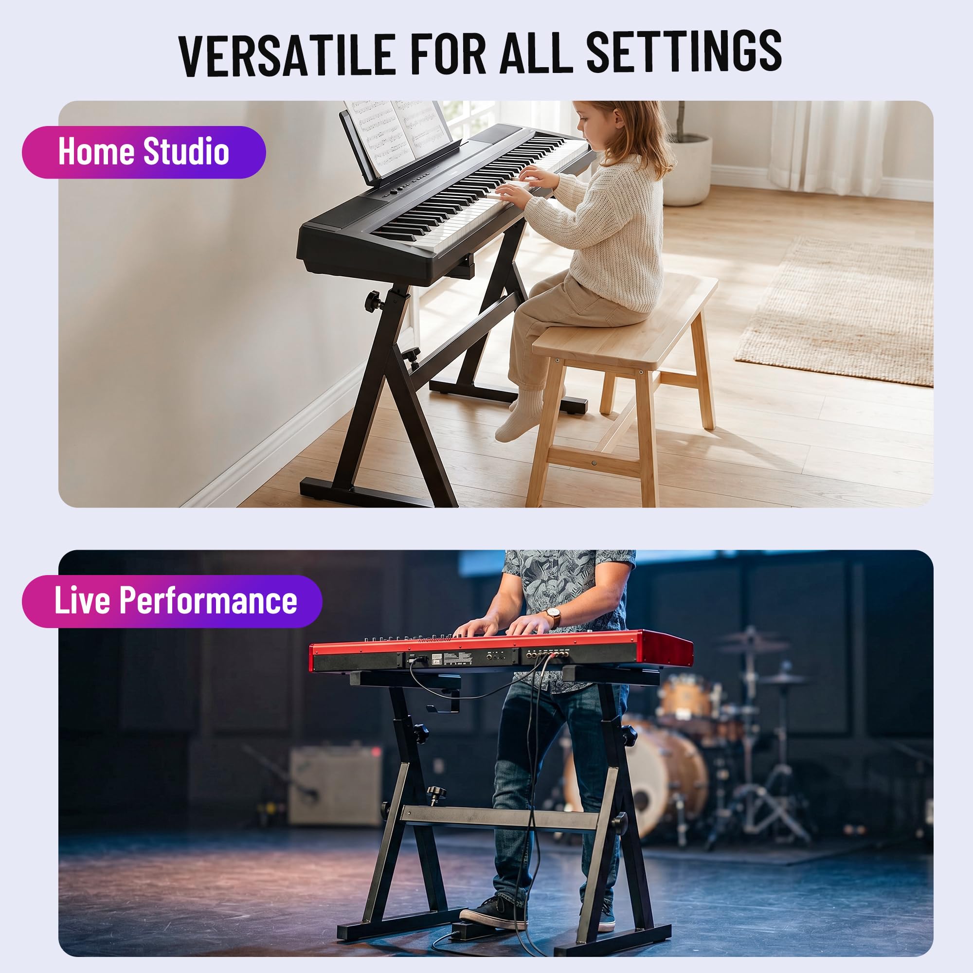 CAHAYA Verbesserte Verstellbar Keyboardständer Tragfähigkeit 113kg: Keyboard Ständer 4cm Dicker Z-Doppelstrebig, Höhenverstellbar Einstellbare Länge für 61 76 88 key Digitalpiano CY00366-1