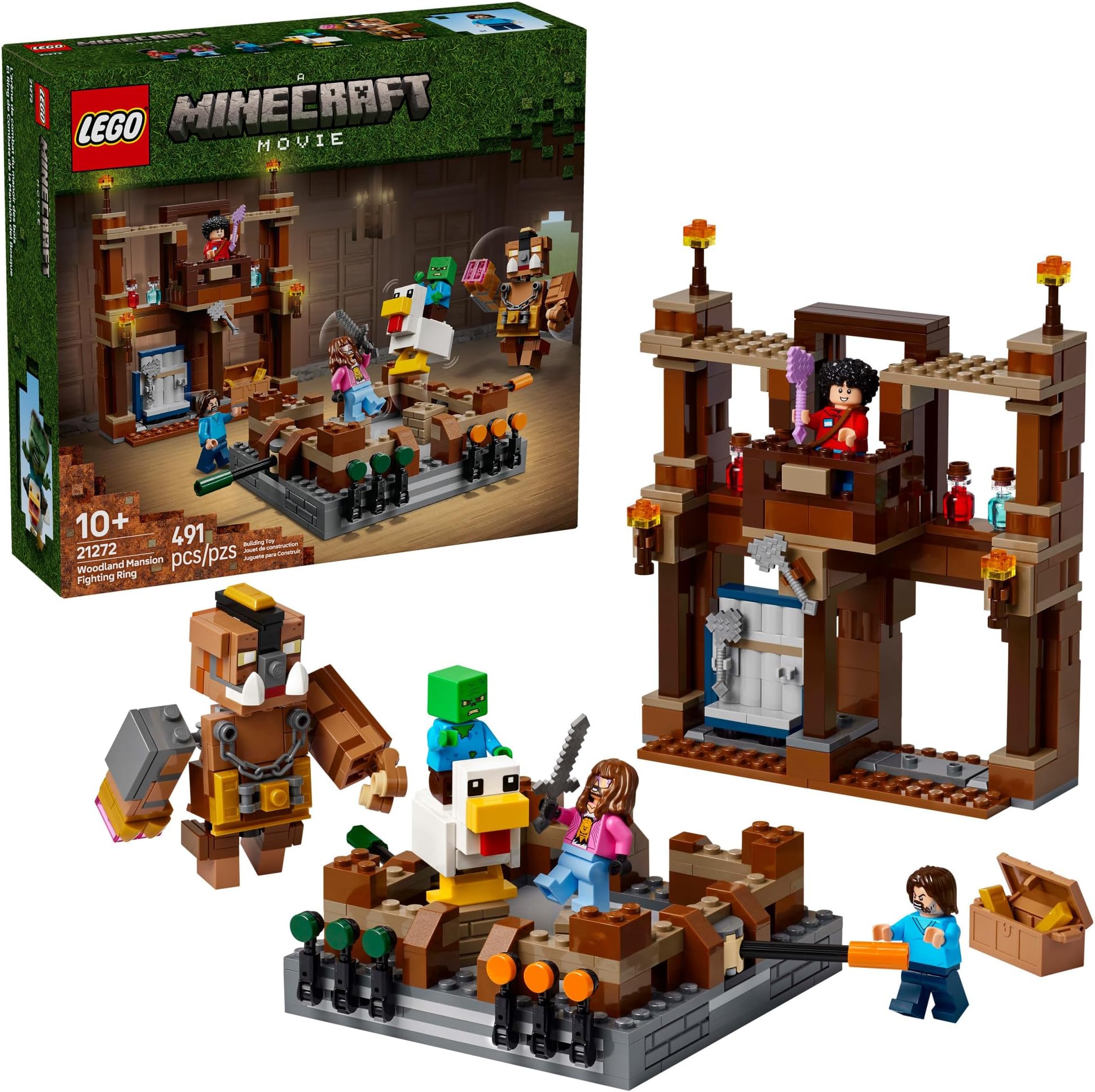 Minecraft Woodland Mansion Fighting Ring - Building Toy for Kids Age 10+ - Includes Steve, Garrett, & Henry Minecraft Figures, Plus a Chicken Jockey & More - Birthday Gift Idea for Fans - 21272