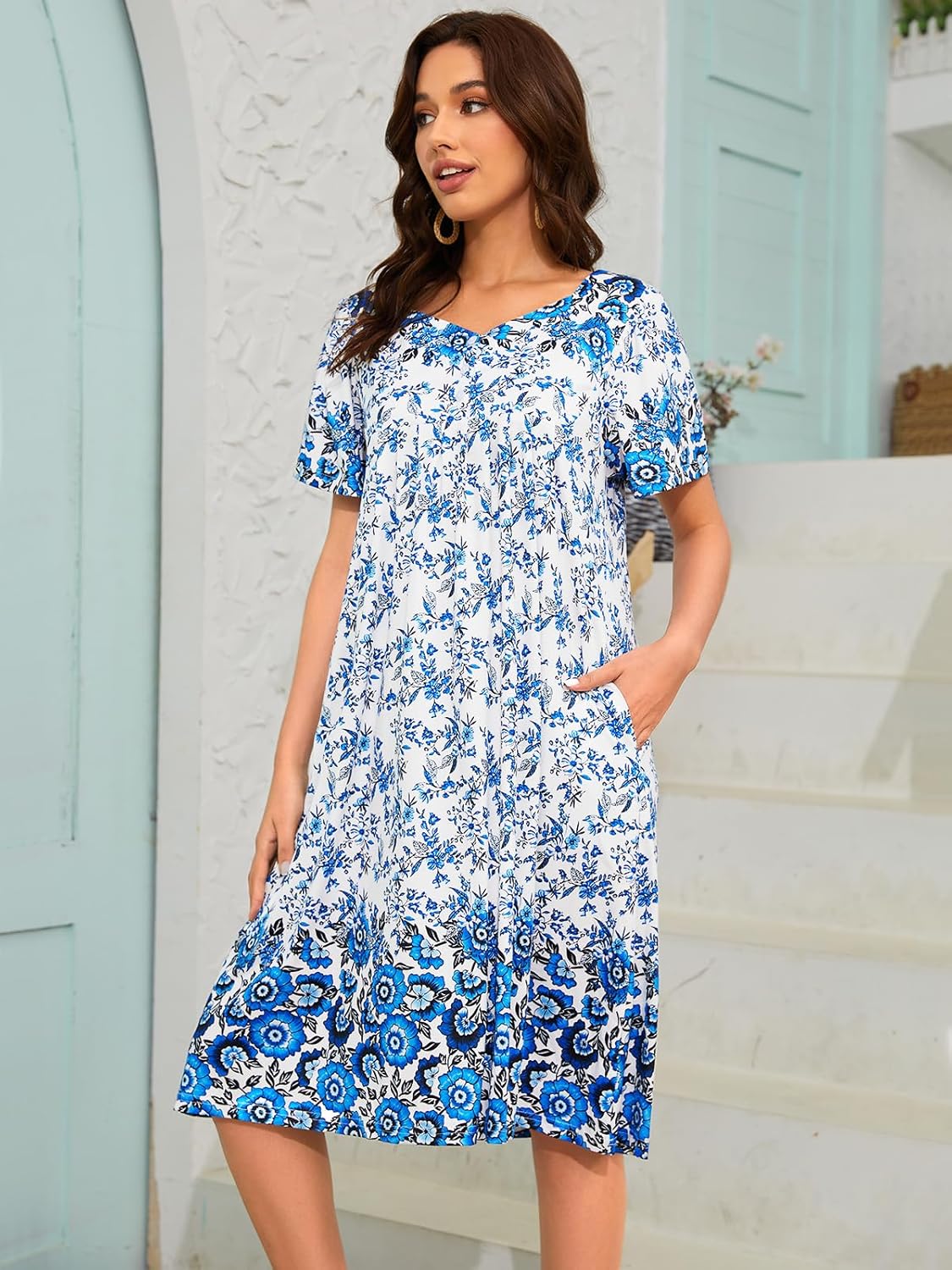 Womens Nightgown Short Sleeve House Dress with Pockets-Floral Print Mumu Dress S-3XL - Image 2