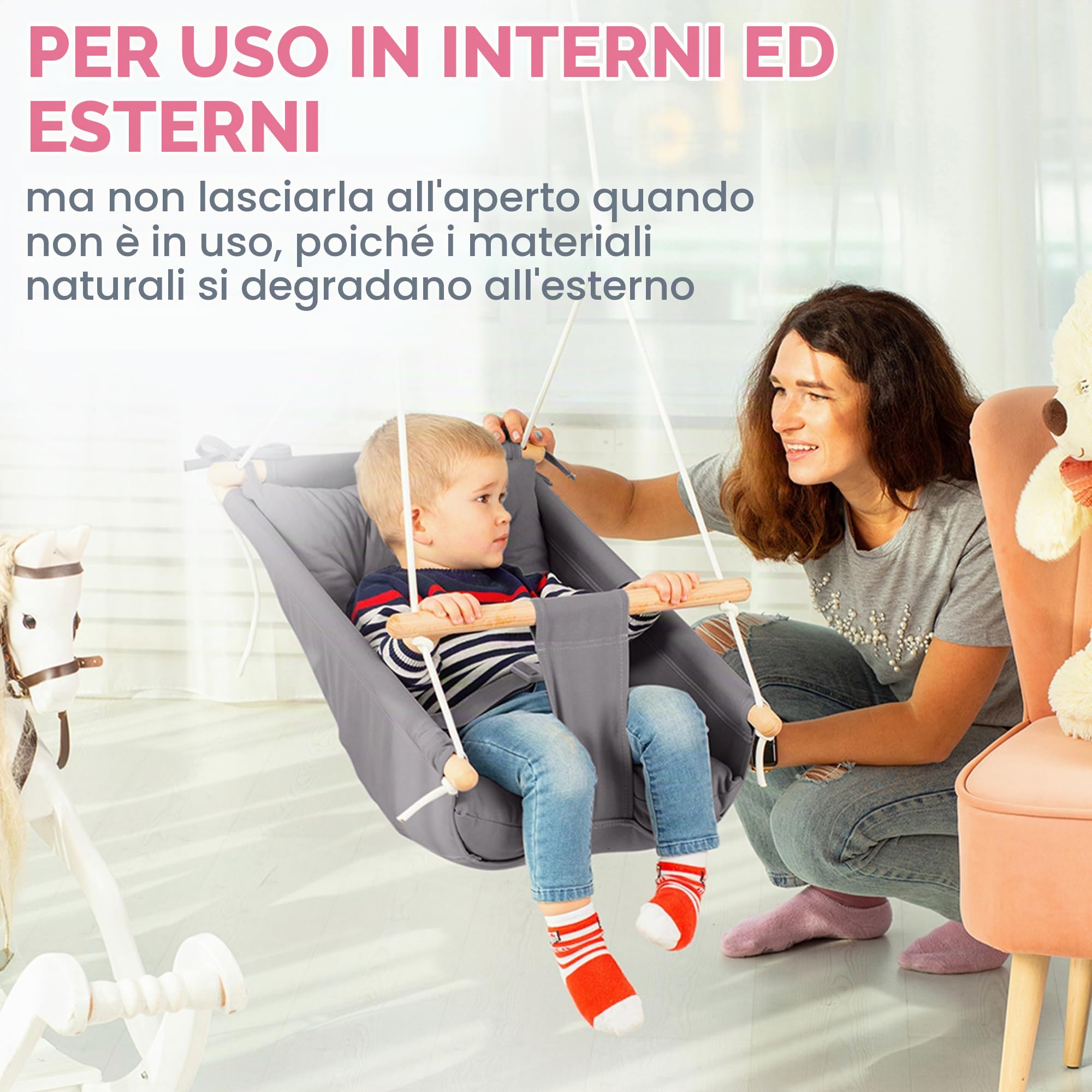 Cateam - Amaca in tela per bambini, altalena sospesa, in legno, con cintura di sicurezza e parti di montaggio, per il compleanno (Grigio Scuro)