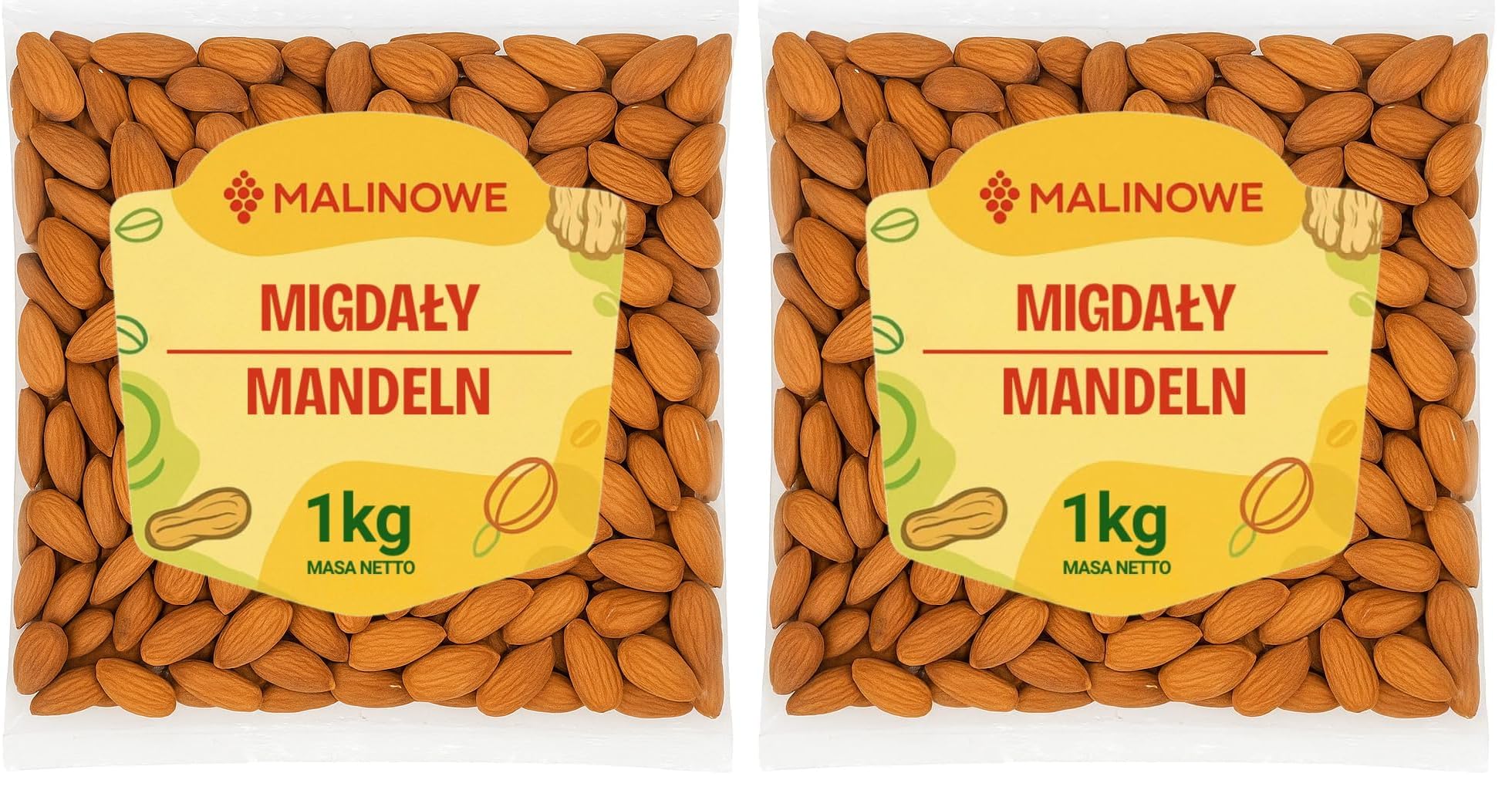 Malinowe Mandeln mit Haut ganz Mandelkerne 1kg (Packung mit 2)