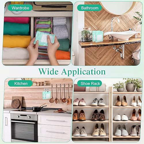 Miniatura 7 de Paquete de 60 bolsas deshumidificadoras absorbentes de humedad para armario con 10 ganchos para colgar, clips absorbentes de humedad, desodorante