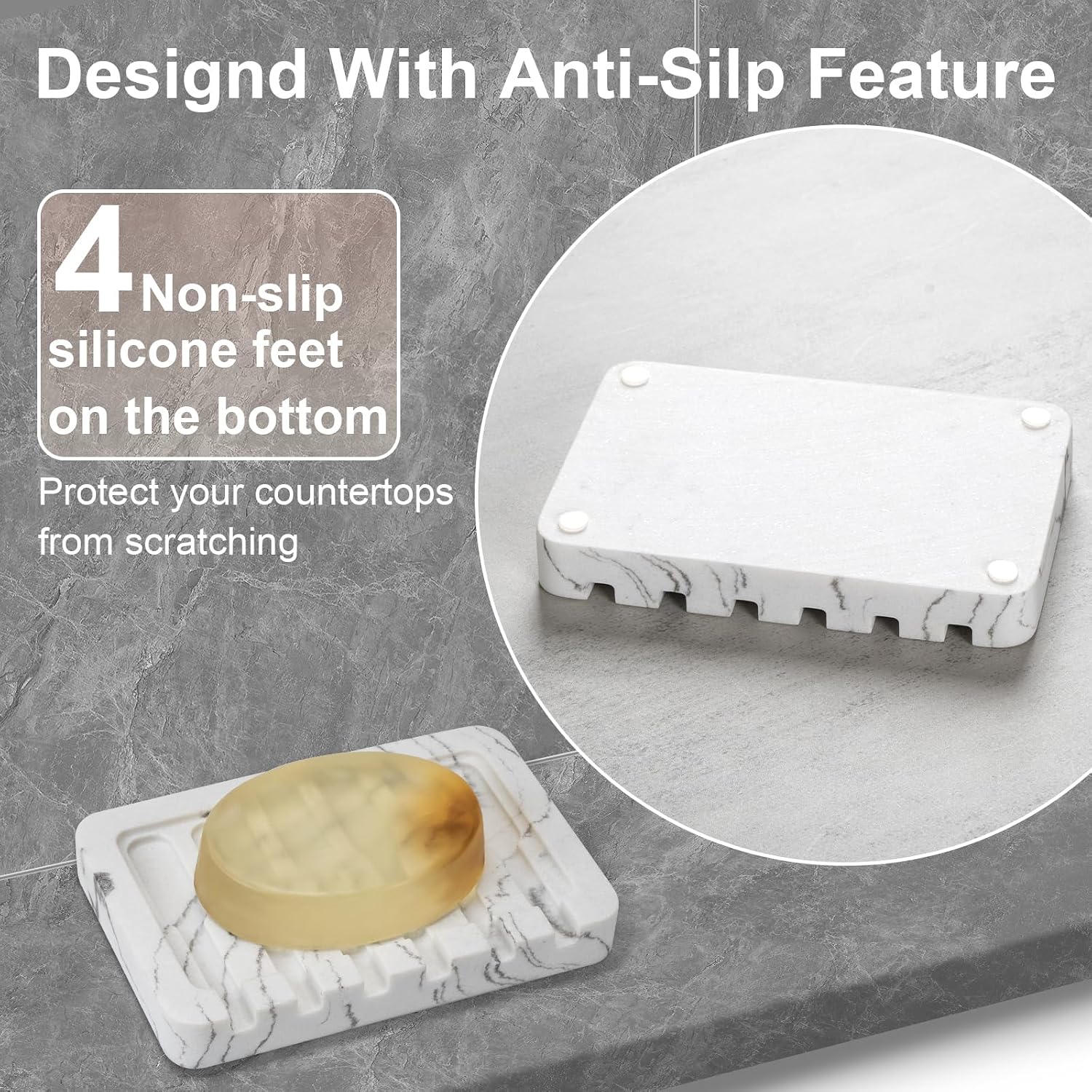 Resin Soap Dish Bathroom,Self Draining Marble Look Soap Holder for Shower,Soap Tray for Kitchen,Sink(Marble White)