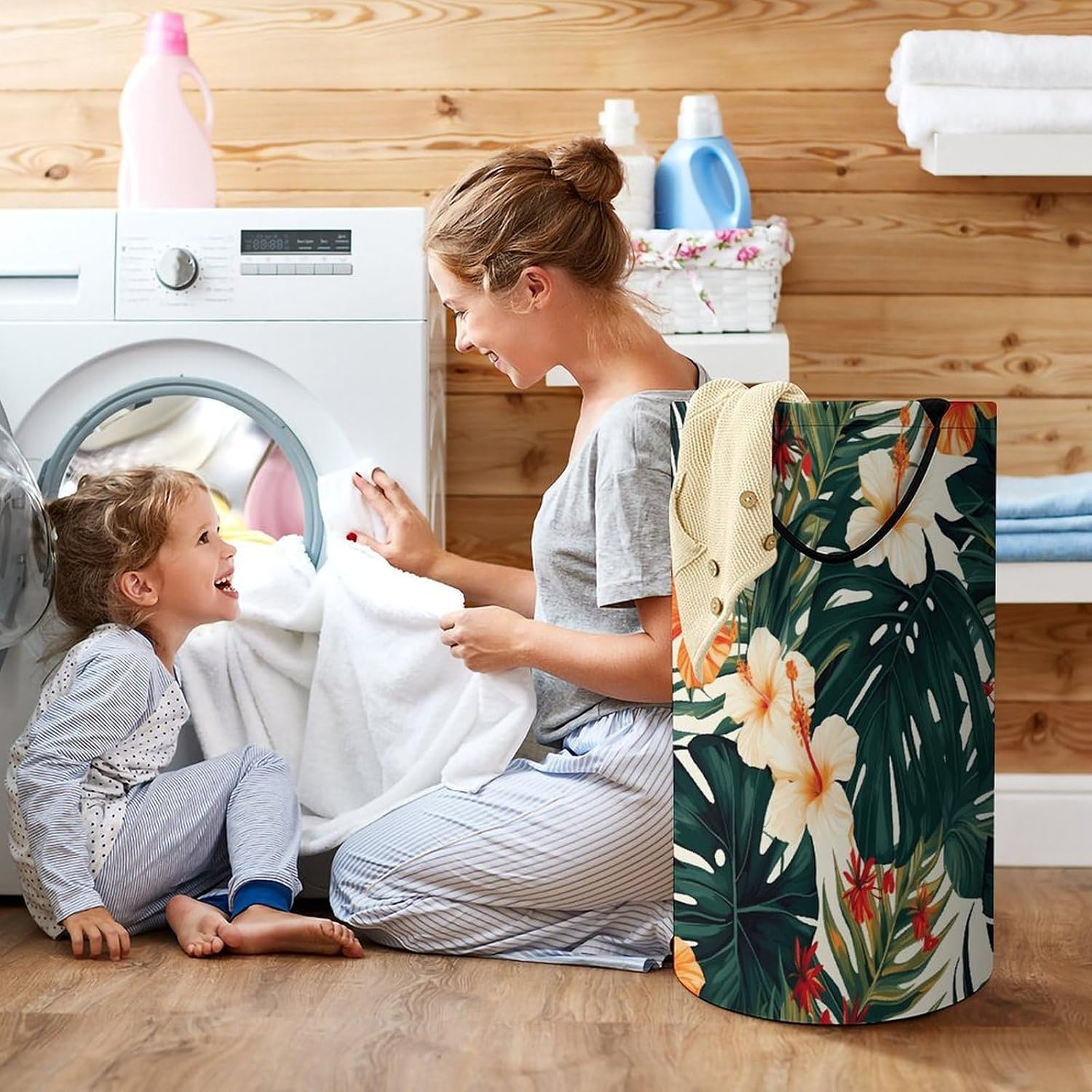 Tropical Summer Hawaiian Flower Palm Leaves Laundry Hamper with Handles Large Collapsible Laundry Basket Waterproof Freestanding Dirty Clothes Basket Portable Clothes Hamper for Bathroom Bedroom Daily