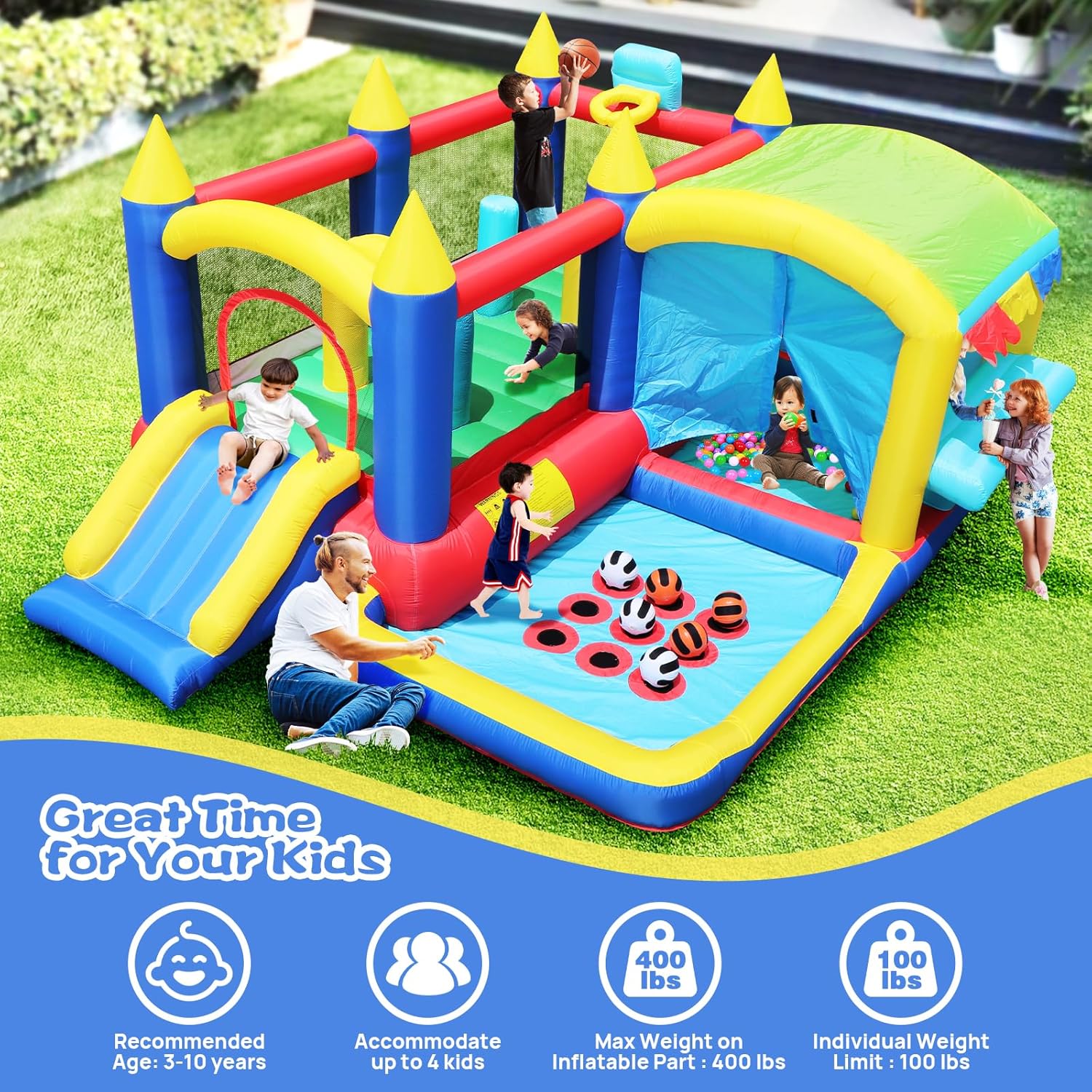 Bestsun Inflatable Bounce House for Kids, Bouncy Castle with Slide, Jumping, Basketball Hoop, Ball Pit, Family Backyard Bouncer, 520W 0.7HP Blower Needed to Operate Not Included
