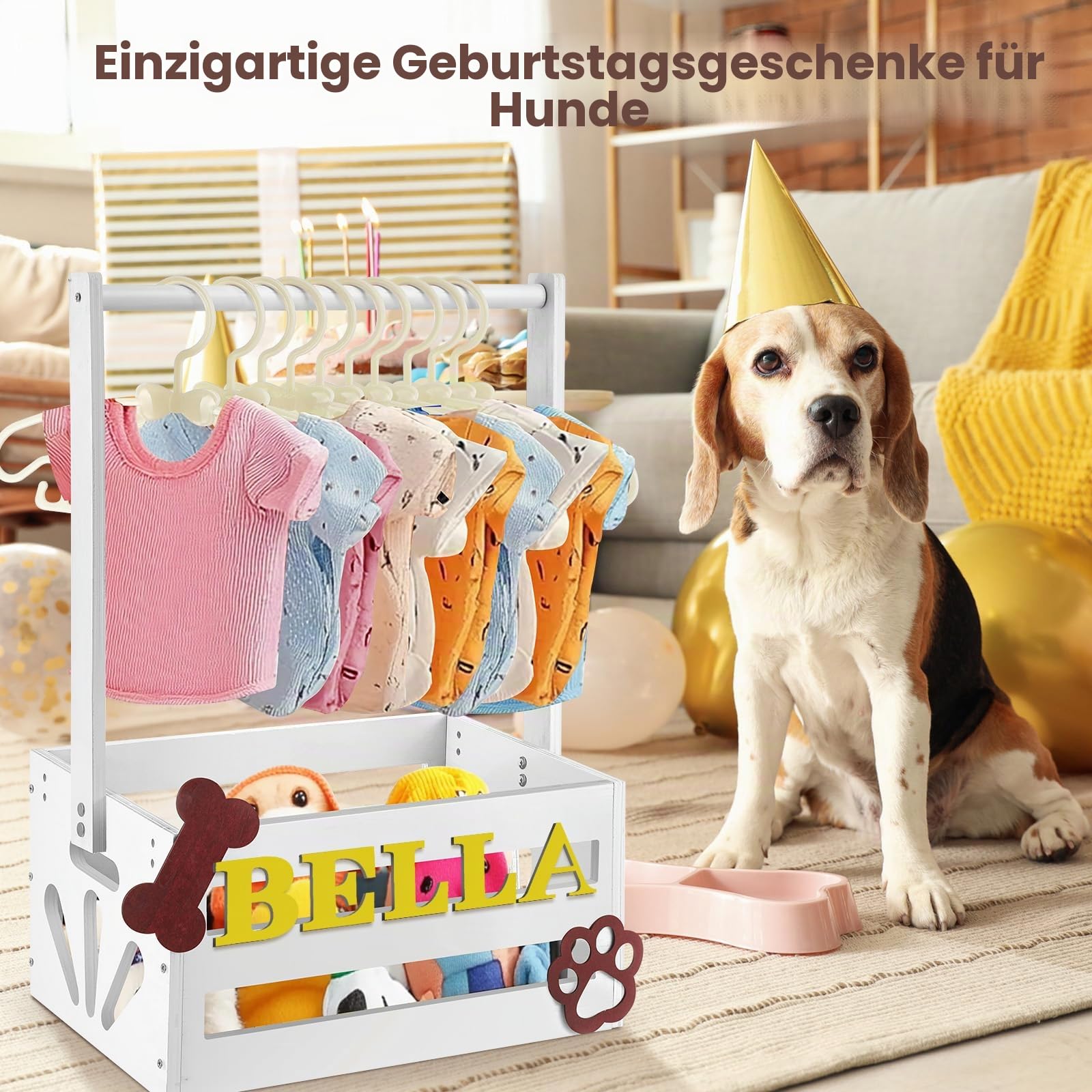 Teenyyou Hundebox aus Holz, 50,8 x 33 x 22,9 cm, mit Aufhängestangen und personalisierten Alphabet-Buchstaben, einfache Montage, Körbe für Hunde/Katzen, Spielzeug, Kleidung, Zubehör (weiß)