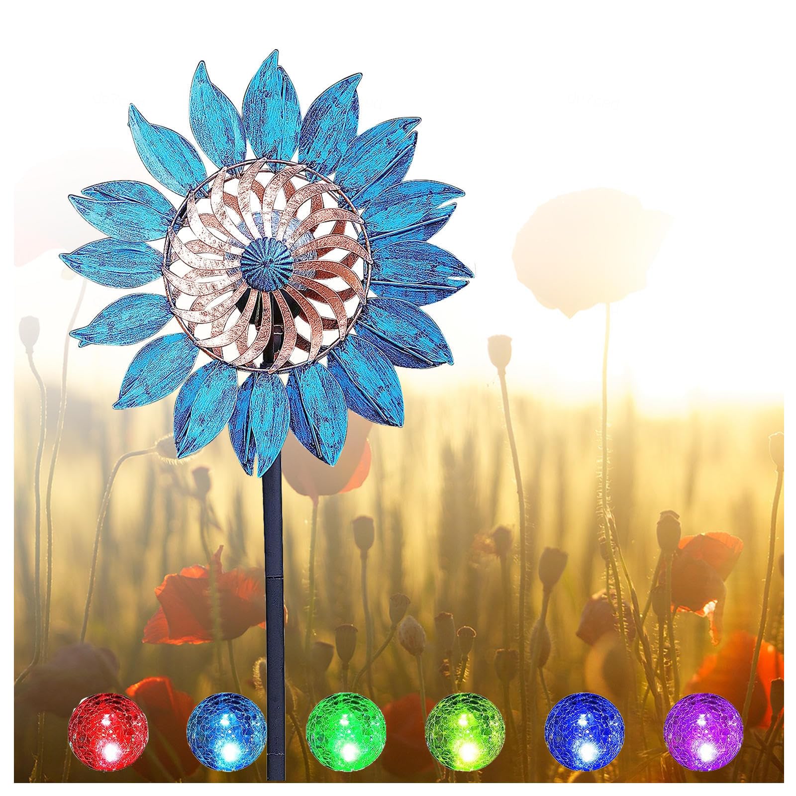 84in Metal Yard Spinners, Wind Spinners for Yard, Solar Powered Glass Ball with Kinetic Solar Wind Spinners With Lights