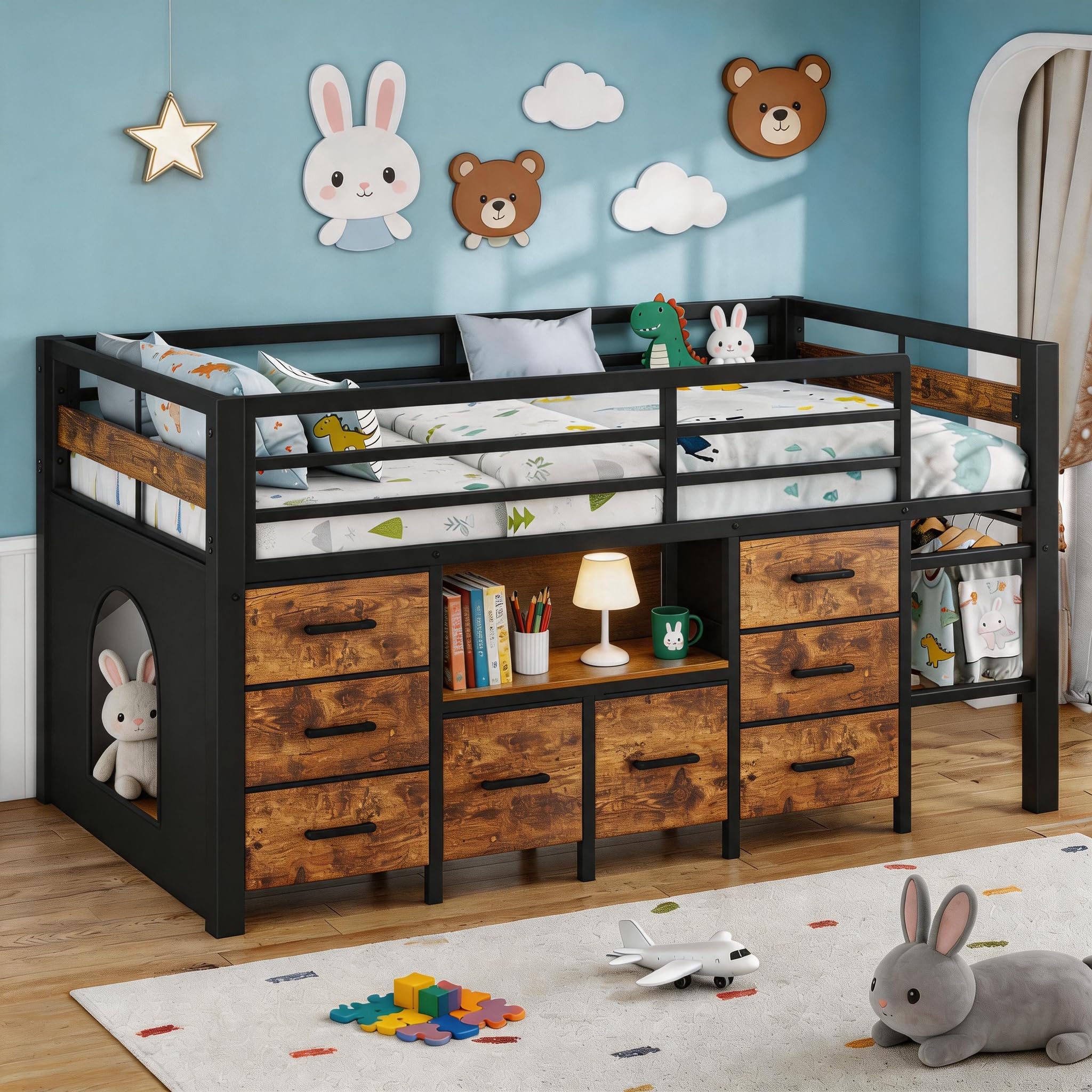 Einhomn Twin Low Loft Bed with 8 Drawers and Bookshelf