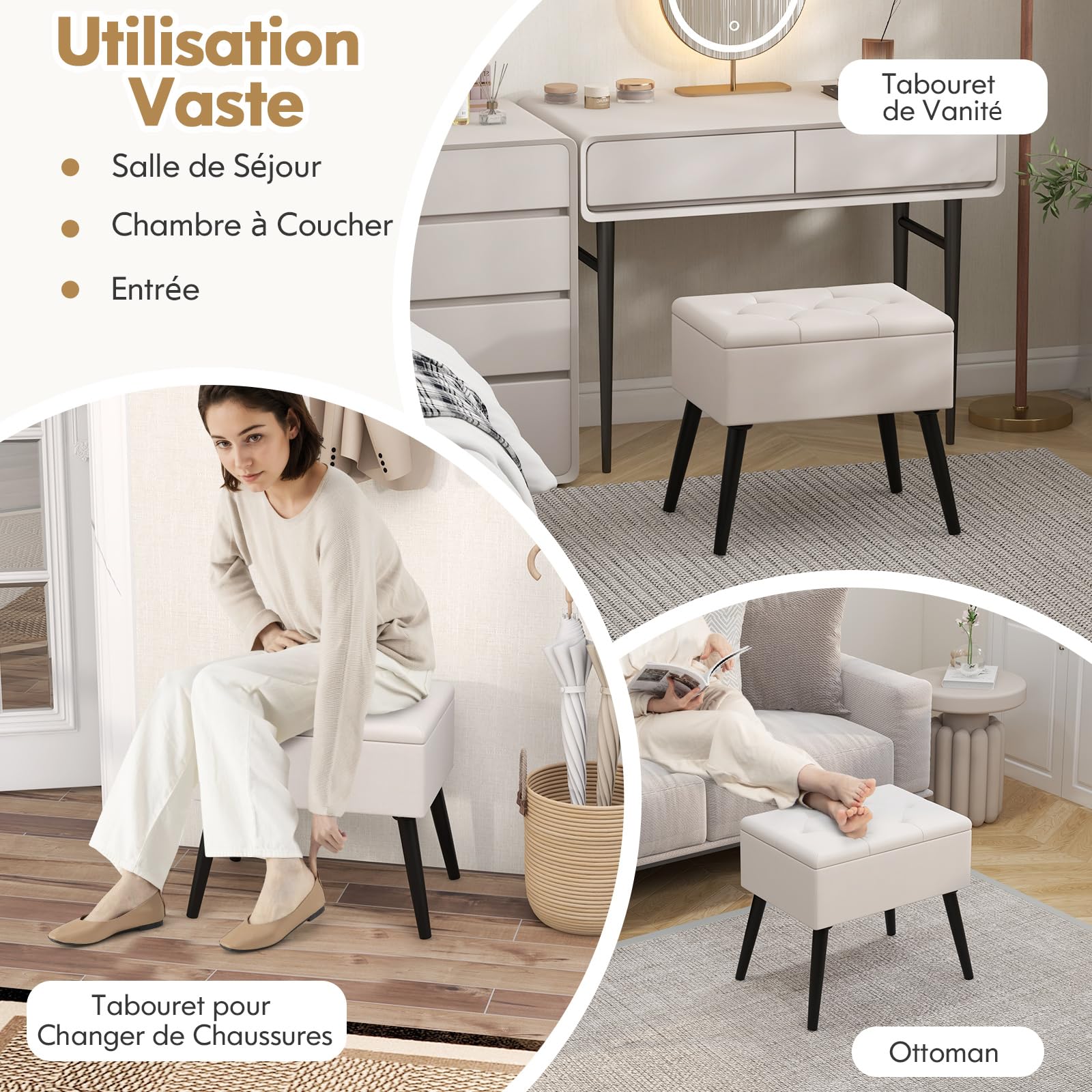 COSTWAY Tabouret Coiffeuse avec Rangement, Pouf Rangement en Velours, Pieds en Bois Massif, Siège Rembourré Rabattable, Banc Chaussures Entrée, pour Chambre Salon Coiffeuse, Charge 150 kg (Beige)