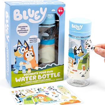 Bluey Decorate Your Own Water Bottle, Repositionable Stickers, Great For Bluey Birthday Parties, Summer Sports, and More, Reusable BPA-Free Water Bottle for Kids Ages 3, 4, 5, 6