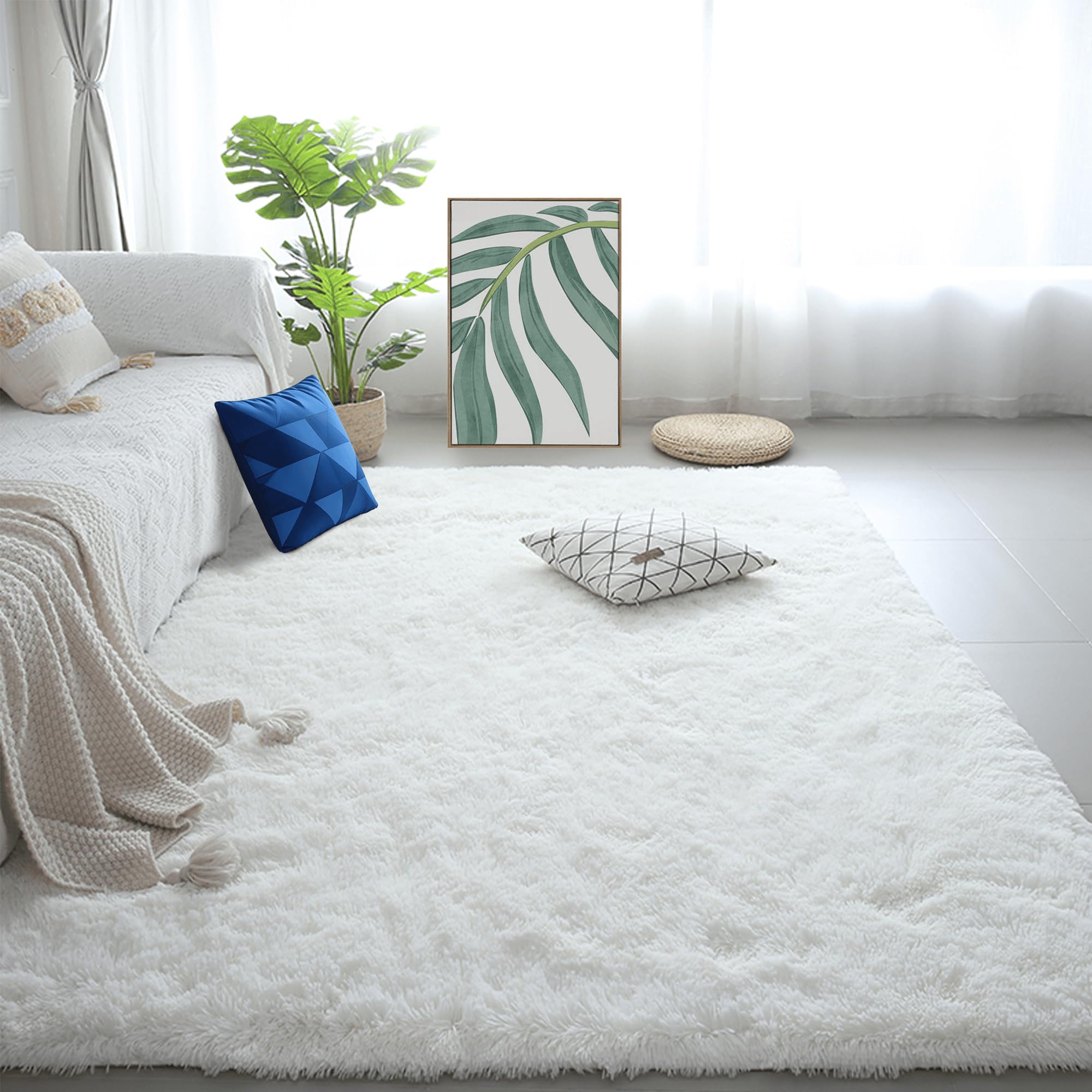 Tapis moelleux 140x190 cm blanc à poils longs lavable pour salon