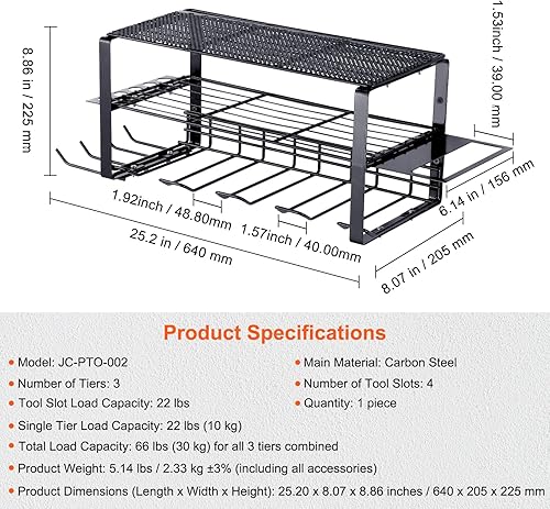 Miniatura 4 de VEVOR Organizador de herramientas eléctricas, 4 ranuras, 3 capas, soporte de pared para taladro inalámbrico, resistente a la corrosión, estante de