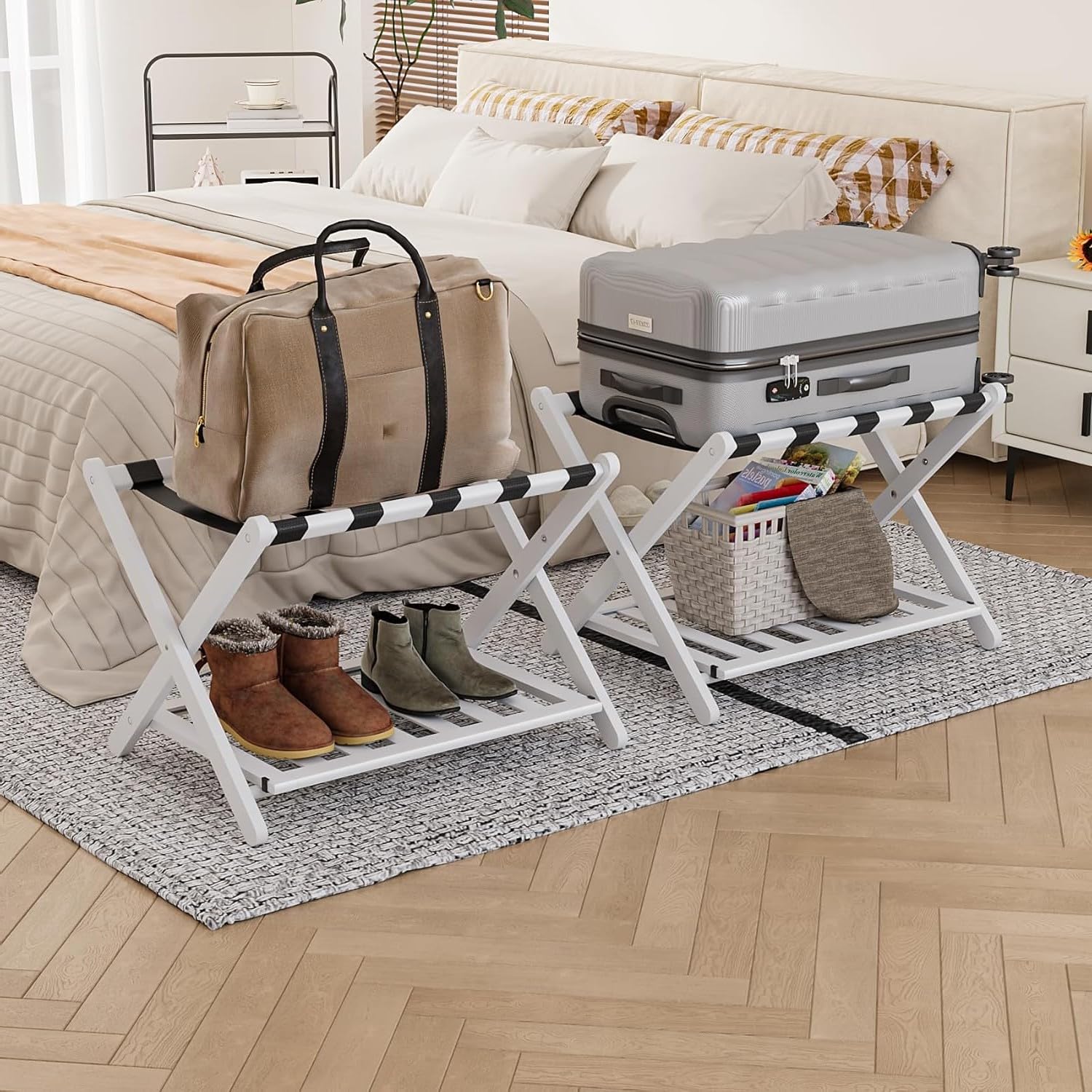 2 Packs Fully Assembled White Luggage Racks with Shoe Shelf, Folding Suitcase Stand with 5 Straps, Wooden Luggage Stand Ideal for Guest Room, Bedroom, Hotel