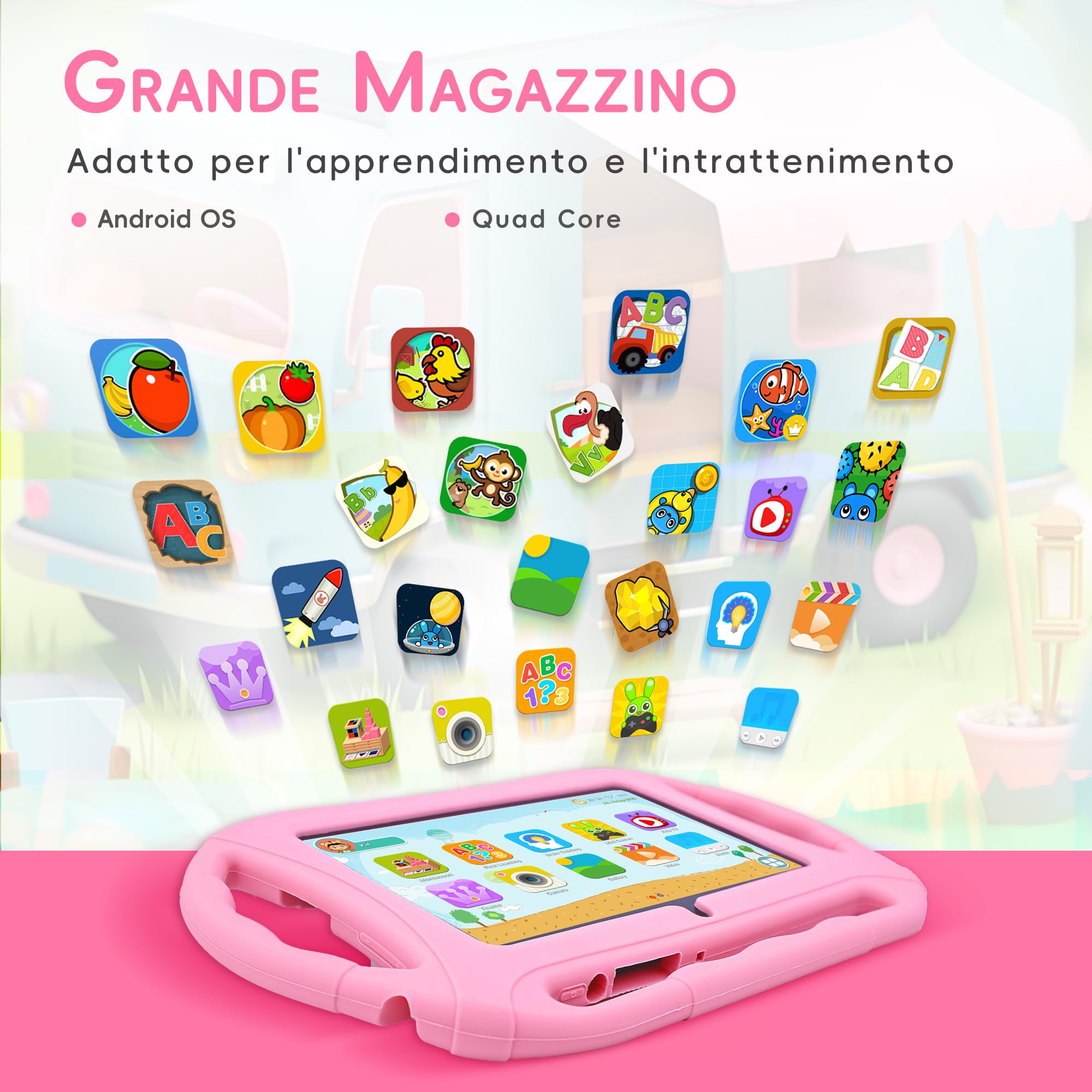 Veidoo Tablet per bambini da 7 pollici, tablet Android, 2GB RAM 32GB ROM, WiFi, schermo HD, applicazioni preinstallate con controllo parentale, giochi, tablet educativo, Rosa
