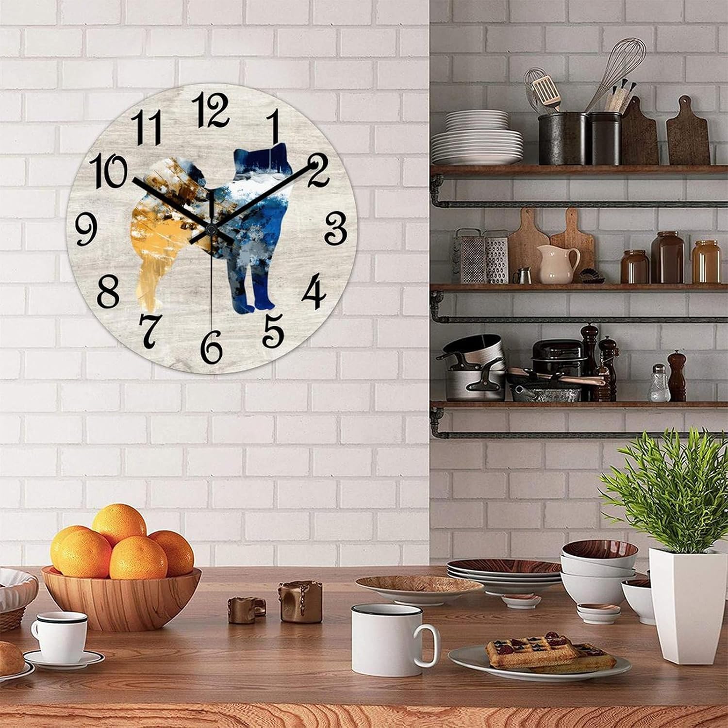 Shiba Inu Round Wall Clock Pet Dog Clock Wall Art Wood Clock Silent Non-Ticking Decorative Wall Clock for Living Room Bedroom Kitchen 12"