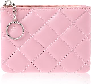 Coin Purse, Rhombus Embroidery PU Zipper Coin Purse Portable Wallet Short Ladies Coin Purse Zippered Keychain Mini Coin Bag for Women & Men Coin Wallet (Pink)
