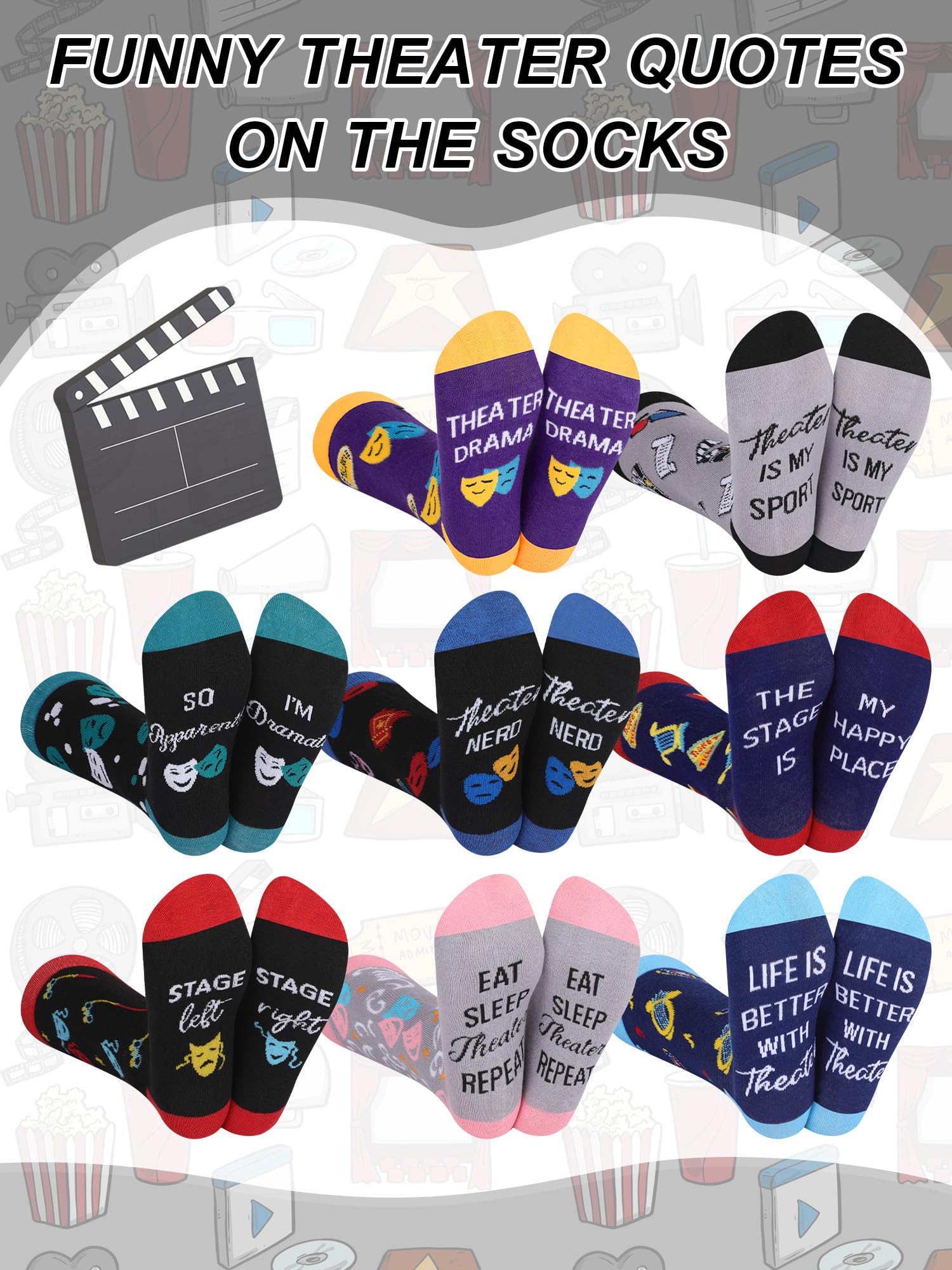 8 Pairs Funny Theater Socks Gifts for Men Women Novelty Drama Broadway Casual Crew Socks Theater Lover Gifts for Birthday Christmas