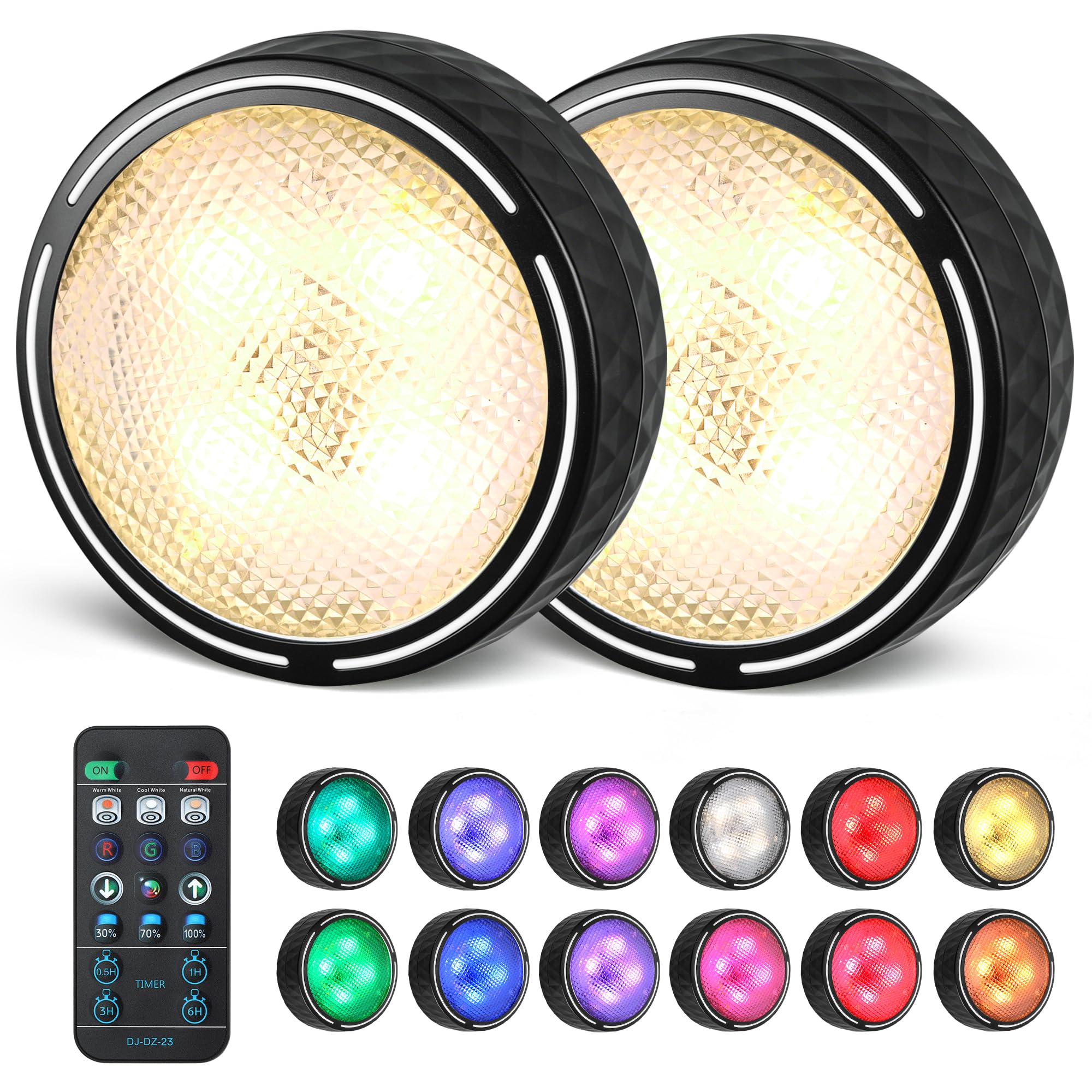 EZSION Puck Lights, Battery Operated Under Cabinet Lights, 2 Pack, Black