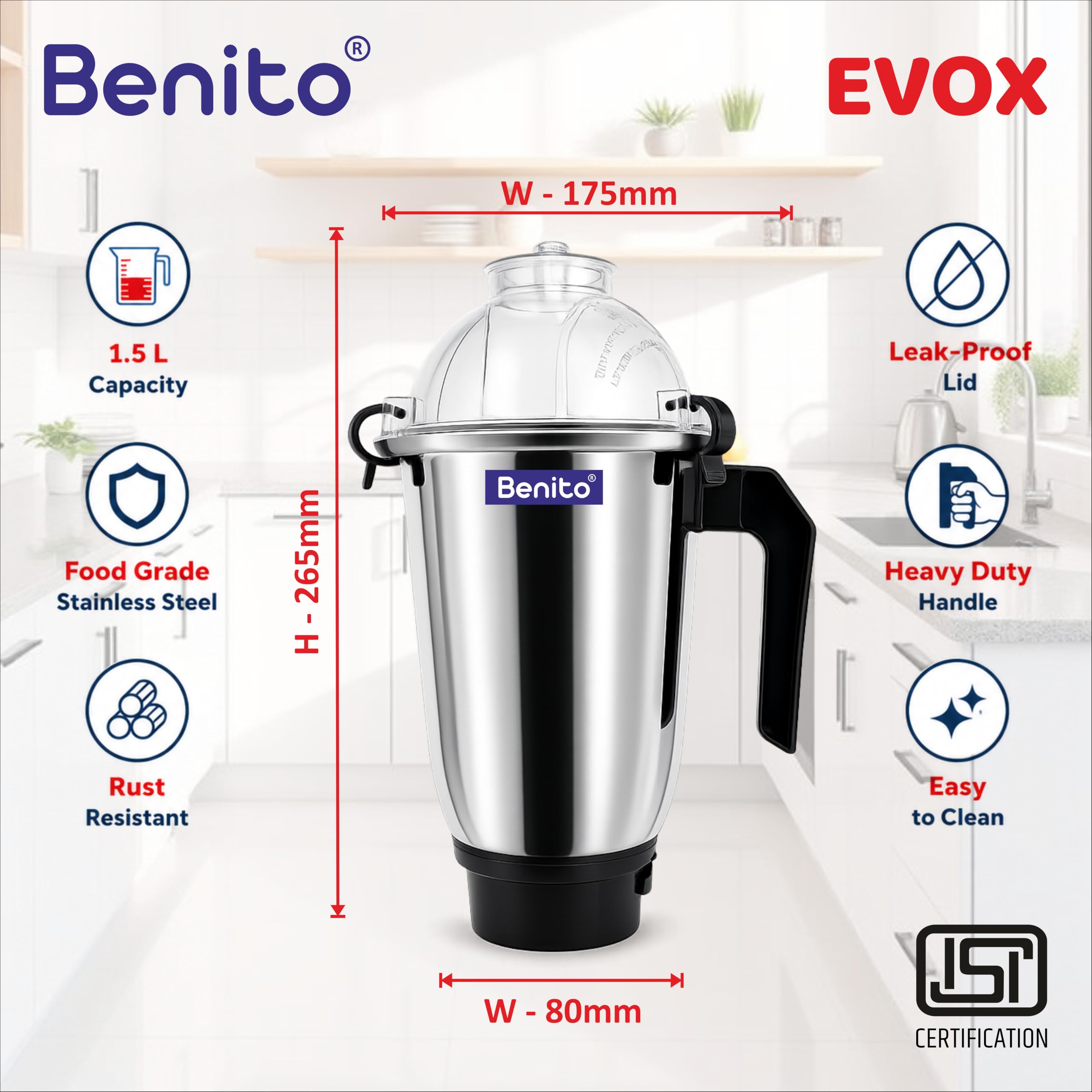 Benito Evox Stainless Steel Dry & Wet Jar (1500ml) for Mixer Grinder – Compatible with 4-Teeth Coupler & Dual Locking System — Amazon image 2