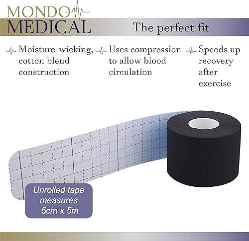Miniatura 2 de Mondo Medical Cinta de kinesiología precortadas de 2 pulgadas x 16 pies, cinta atlética negra para piel, músculo, deportes, cinta corporal