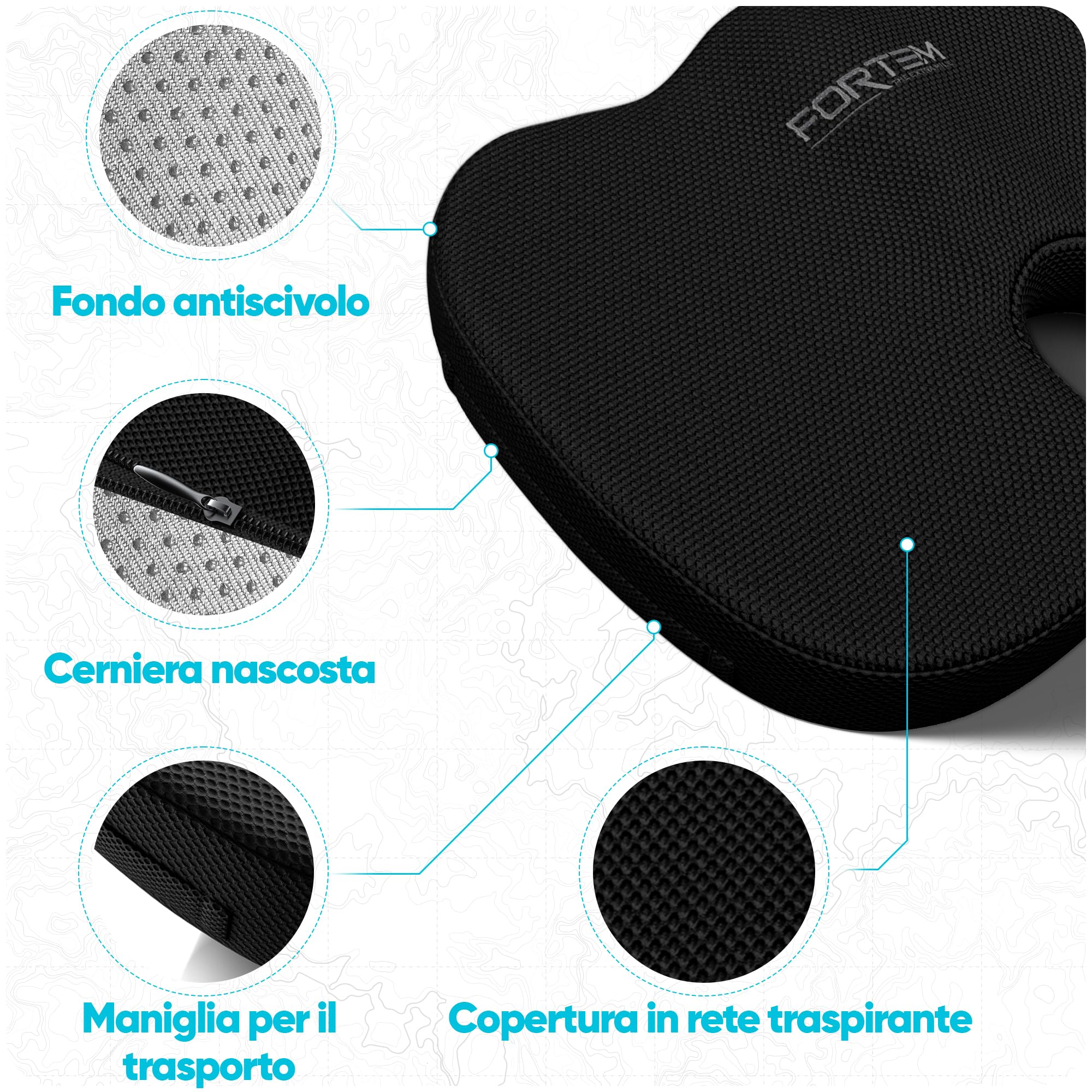 FORTEM Cuscino Sedia Ufficio, Cuscino Memory Foam per Seduta, Sedia Gaming, Poltrona, Supporto Ergonomico, Fodera Traspirante e Lavabile, Base Antiscivolo, Forma a U, per Casa, Lavoro e Viaggi