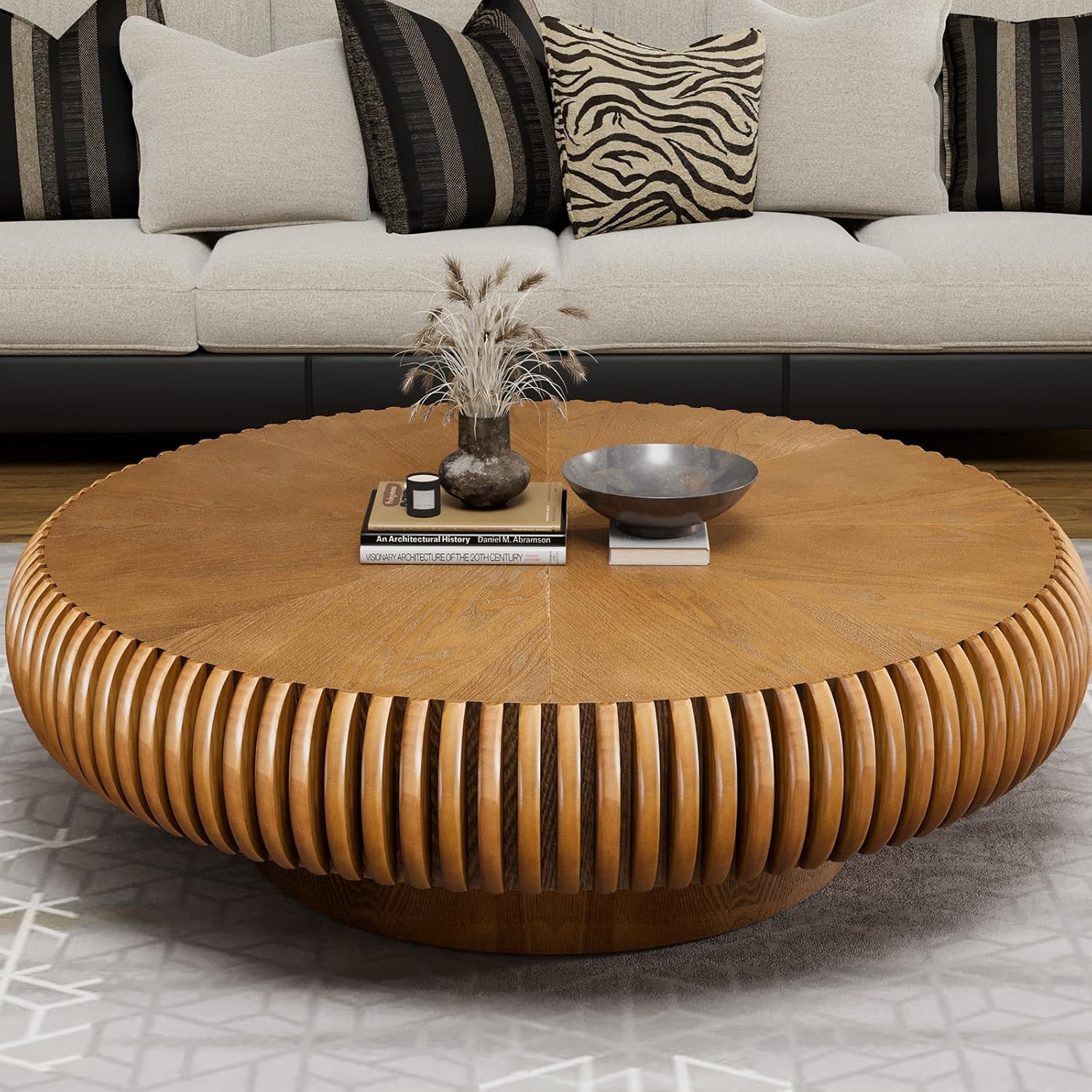 Round Drum Coffee Table Modern Unique Circle Drum Coffee Tables Mid Century Coffee Table with Sturdy Pedestal Fluted Tea Table for Living Room Office Small Space (31.5in Walnut)