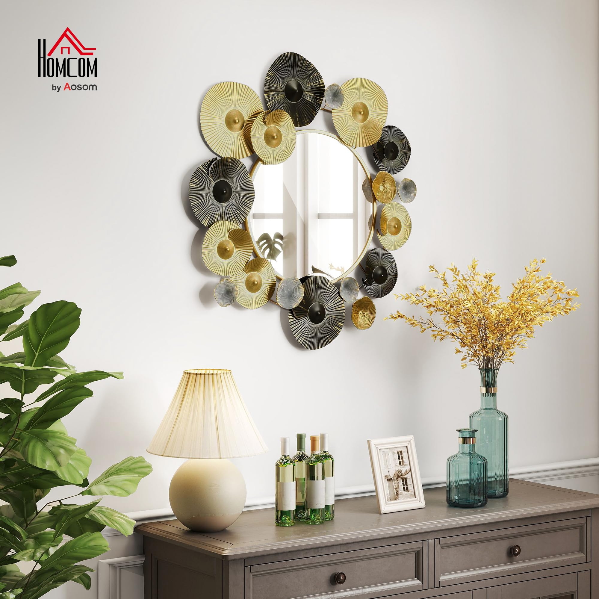 HOMCOM Espejo Decorativo de Pared, Metálico, 84x84 cm, Dorado y Negro | Adorno de Pared, con Espejo Decorativo, para Salón, Dormitorio, Pasillo