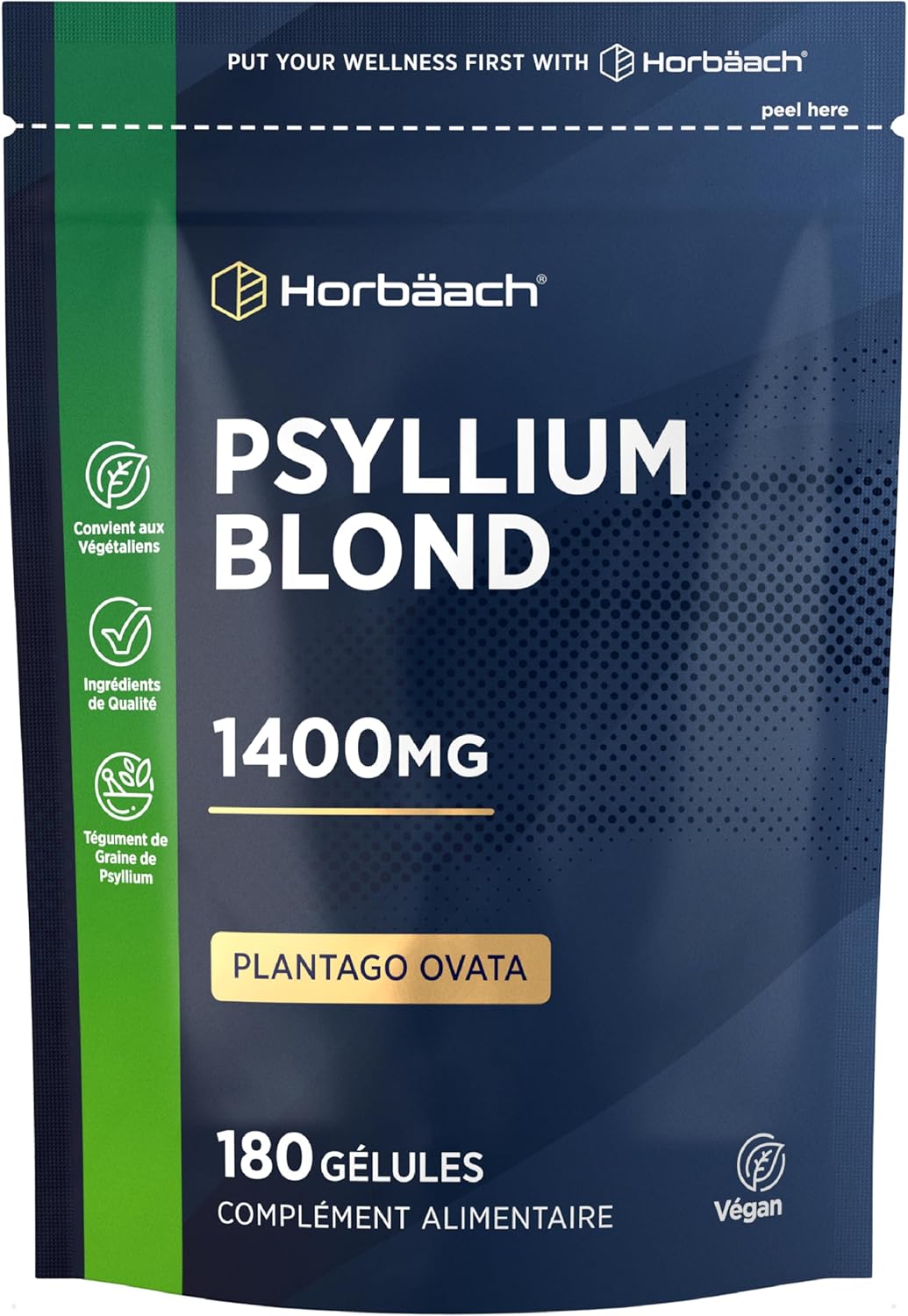 Psyllium Blond Capsules 1400 mg | 180 Vegan Capsules | Husk Fiber High Dosage | Natural Prebiotic | Horbaach